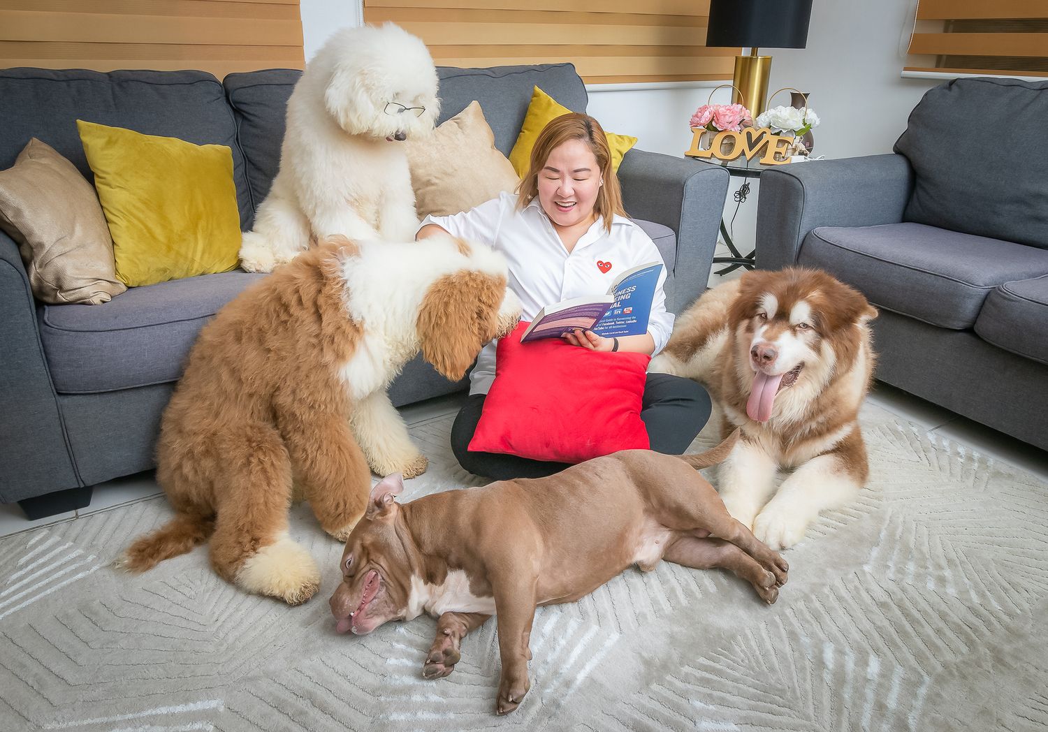 fur mom reading a book to her four dogs