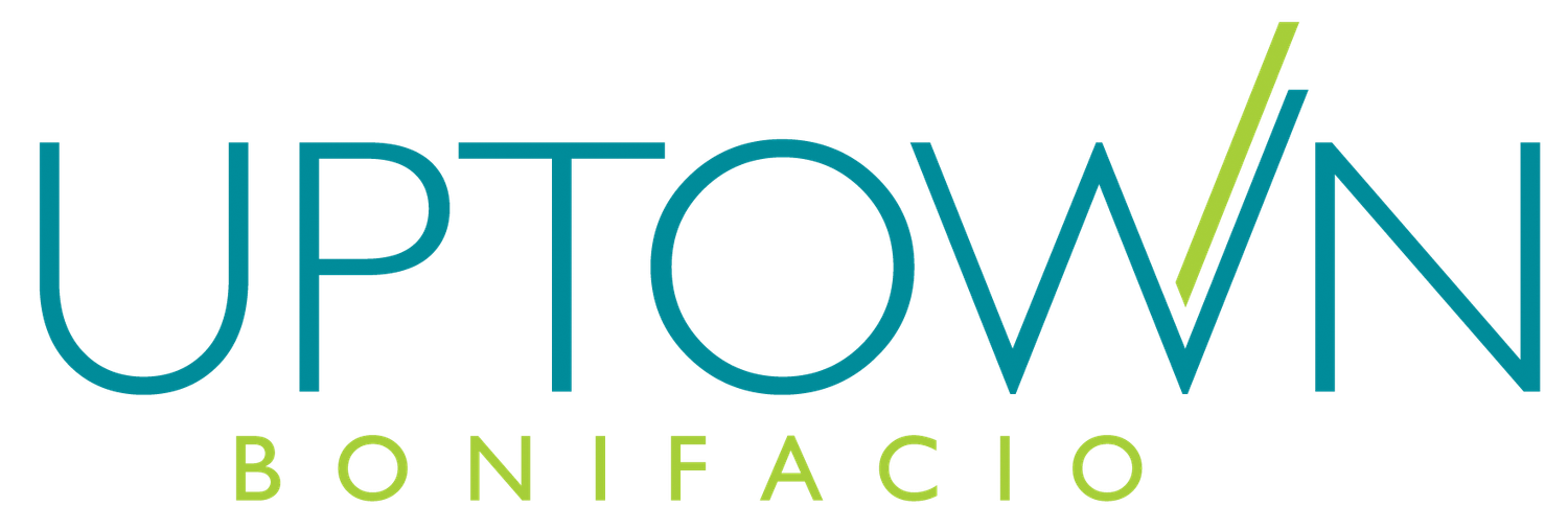 A modern teal and lime green Uptown Bonifacio logo design with stylized text and a slash accent mark.