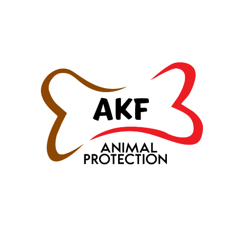 A stylized logo featuring a bone shape with red and brown colors for AKF Animal Protection organization.