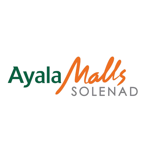 Ayala Malls Solenad logo featuring green text and orange script lettering on white background.