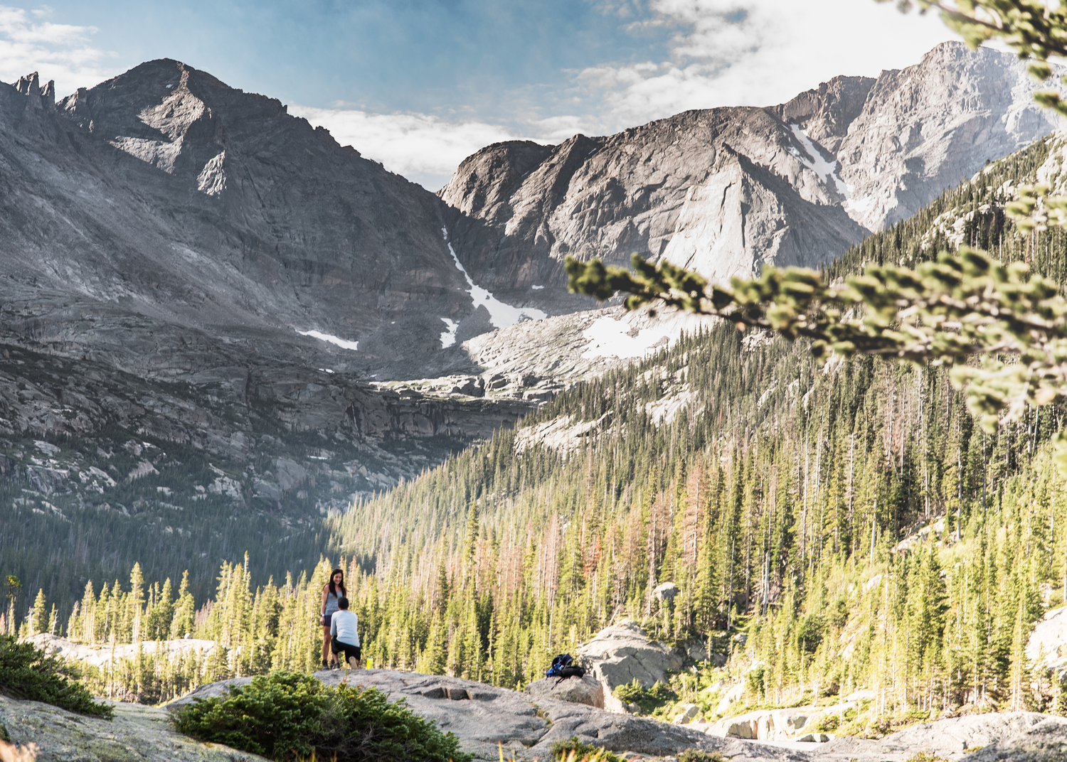 Scenic mountain landscape with pine trees and rocky peaks at Rocky Mountain National Park in Colorado for this marriage proposal.