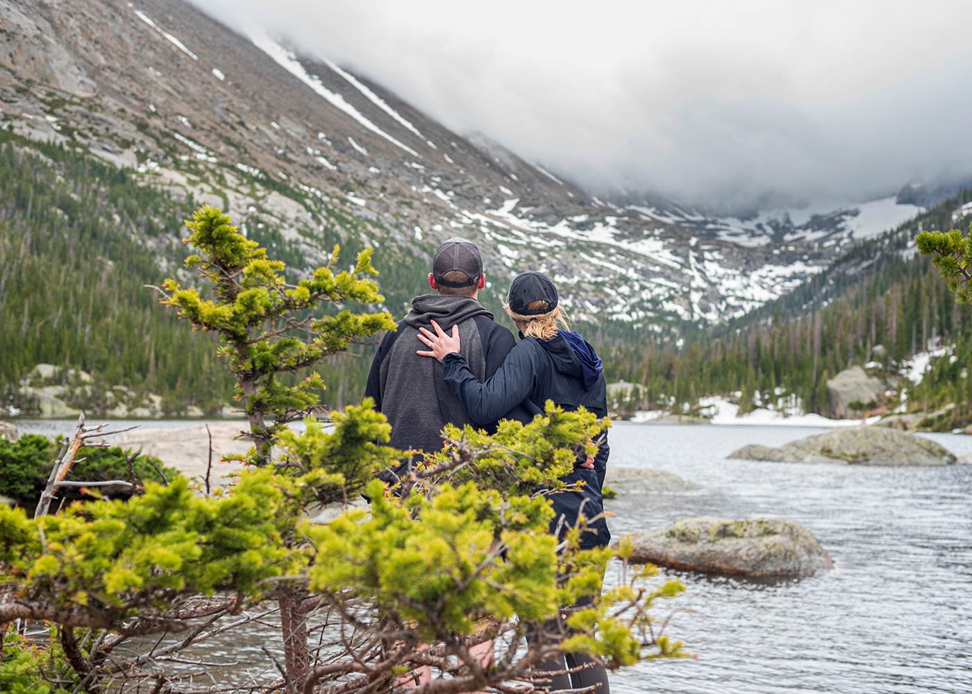 Serene moment for this couple after she said yes to his marriage proposal at Mills Lake in Rocky Mountain National Park.
