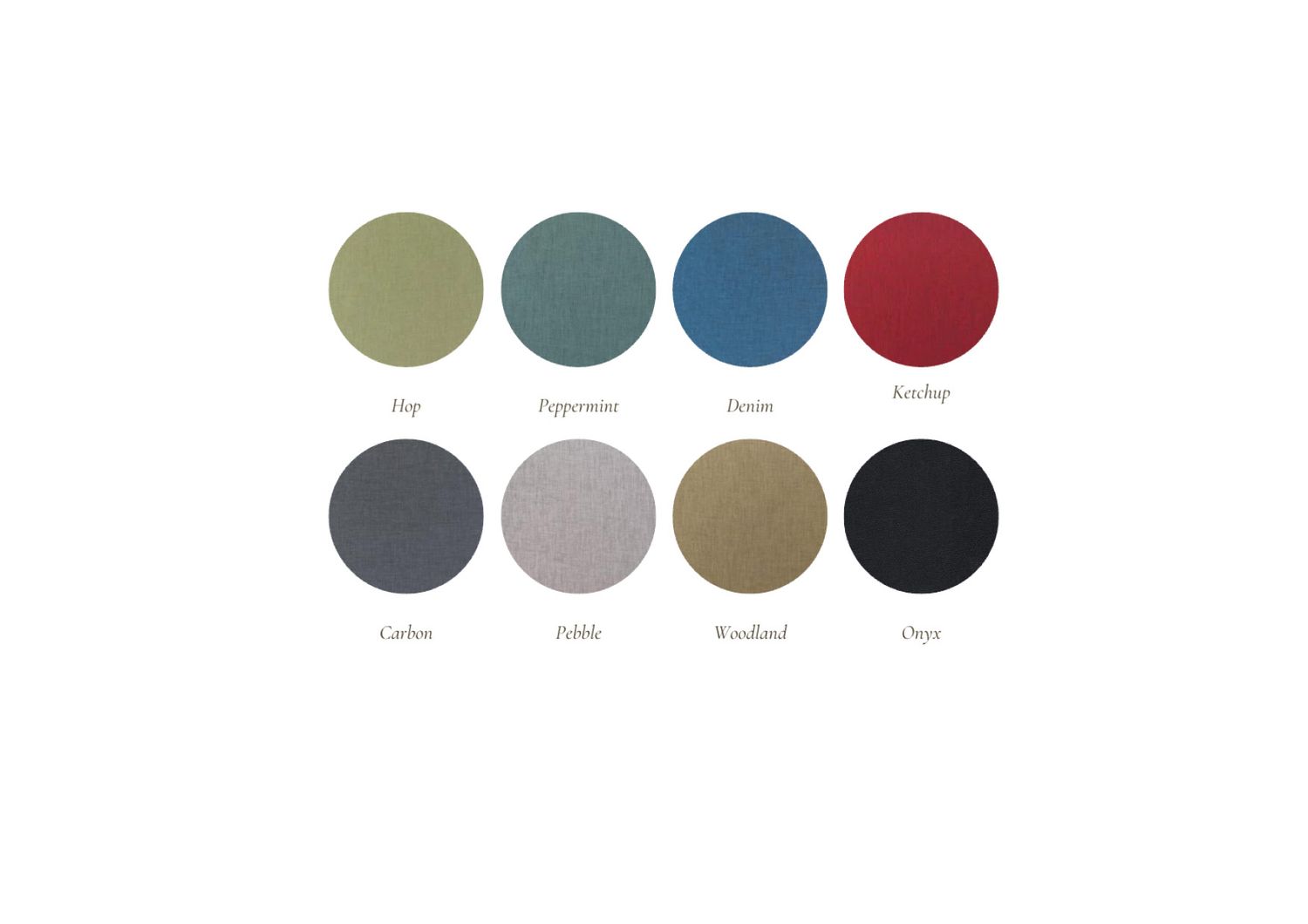 A color palette swatch showing eight muted earth tones including sage green, blue-grey, navy, burgundy, charcoal, taupe, and black.