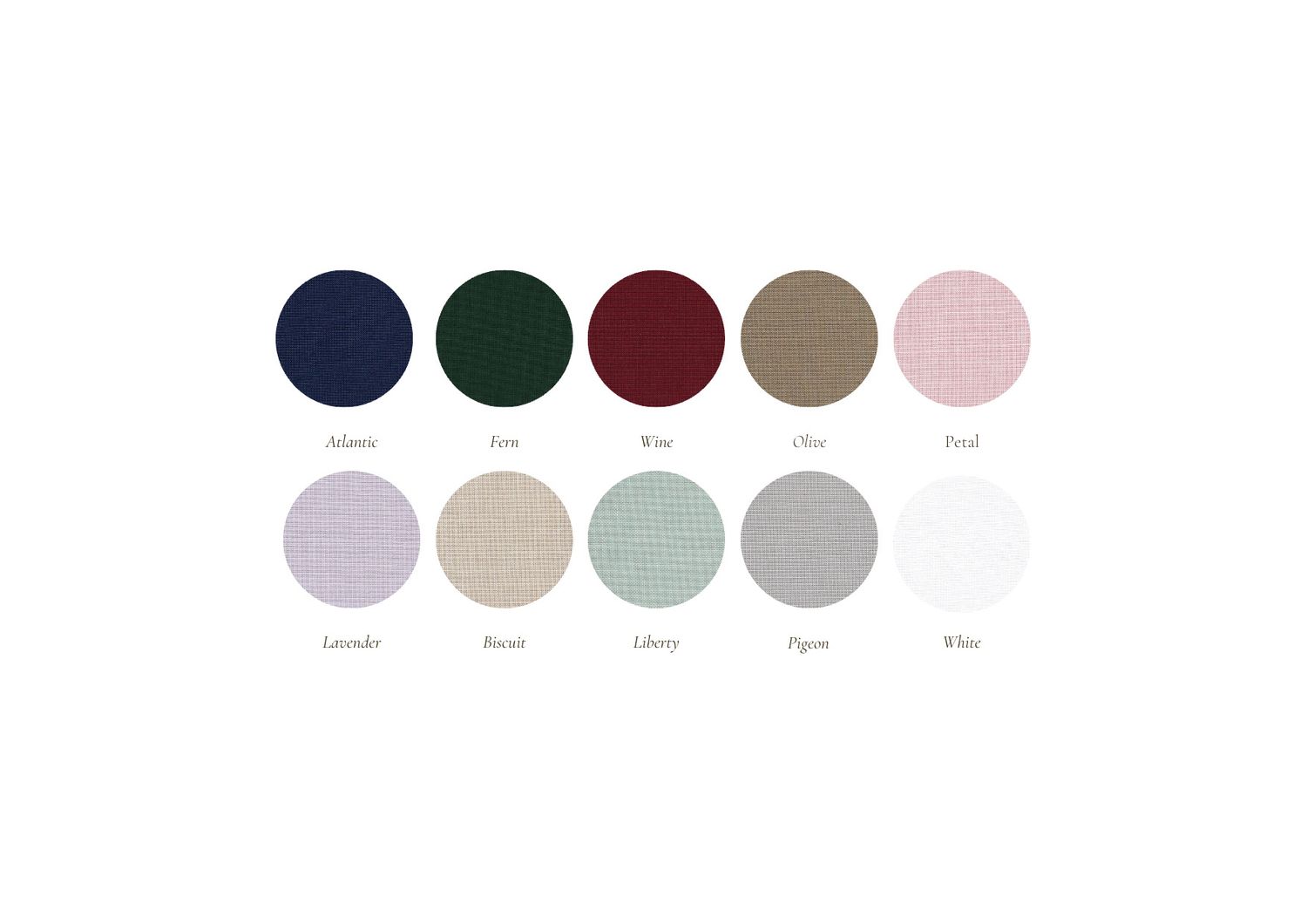 Color palette featuring ten elegant muted shades including navy, forest green, burgundy, and various neutral tones.