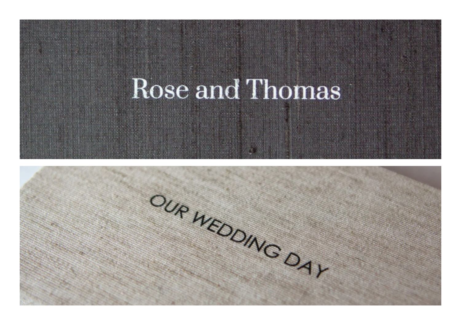 Wedding album cover with text showing Rose and Thomas and Our Wedding Day.