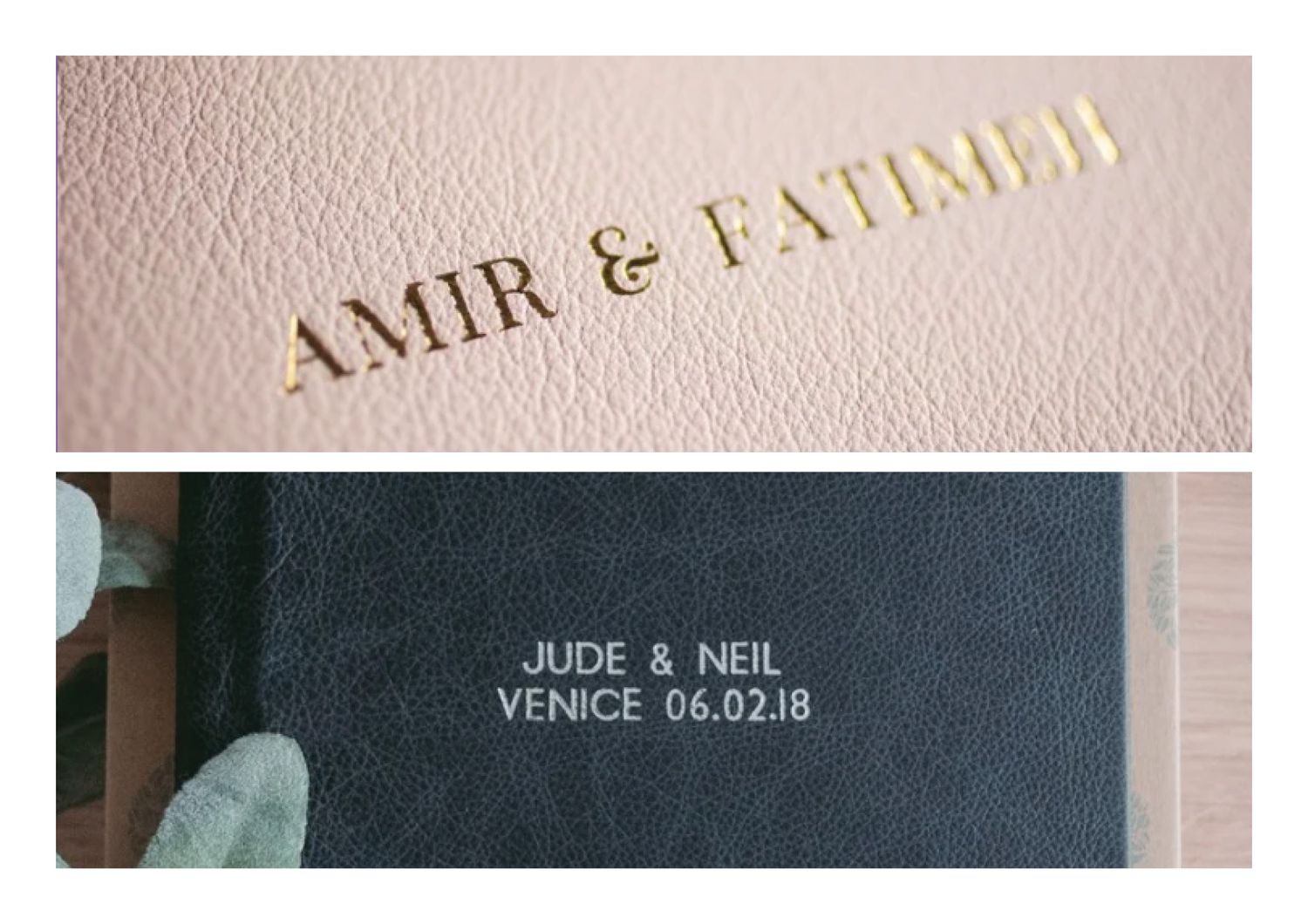 Two wedding invitations displaying couples' names and details in elegant gold and silver text on pink and gray backgrounds.