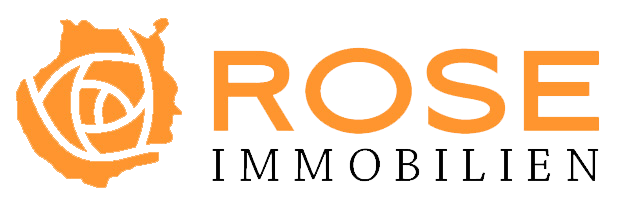 A logo banner for Rose Immobilien with an orange floral emblem and white German text on a white background.