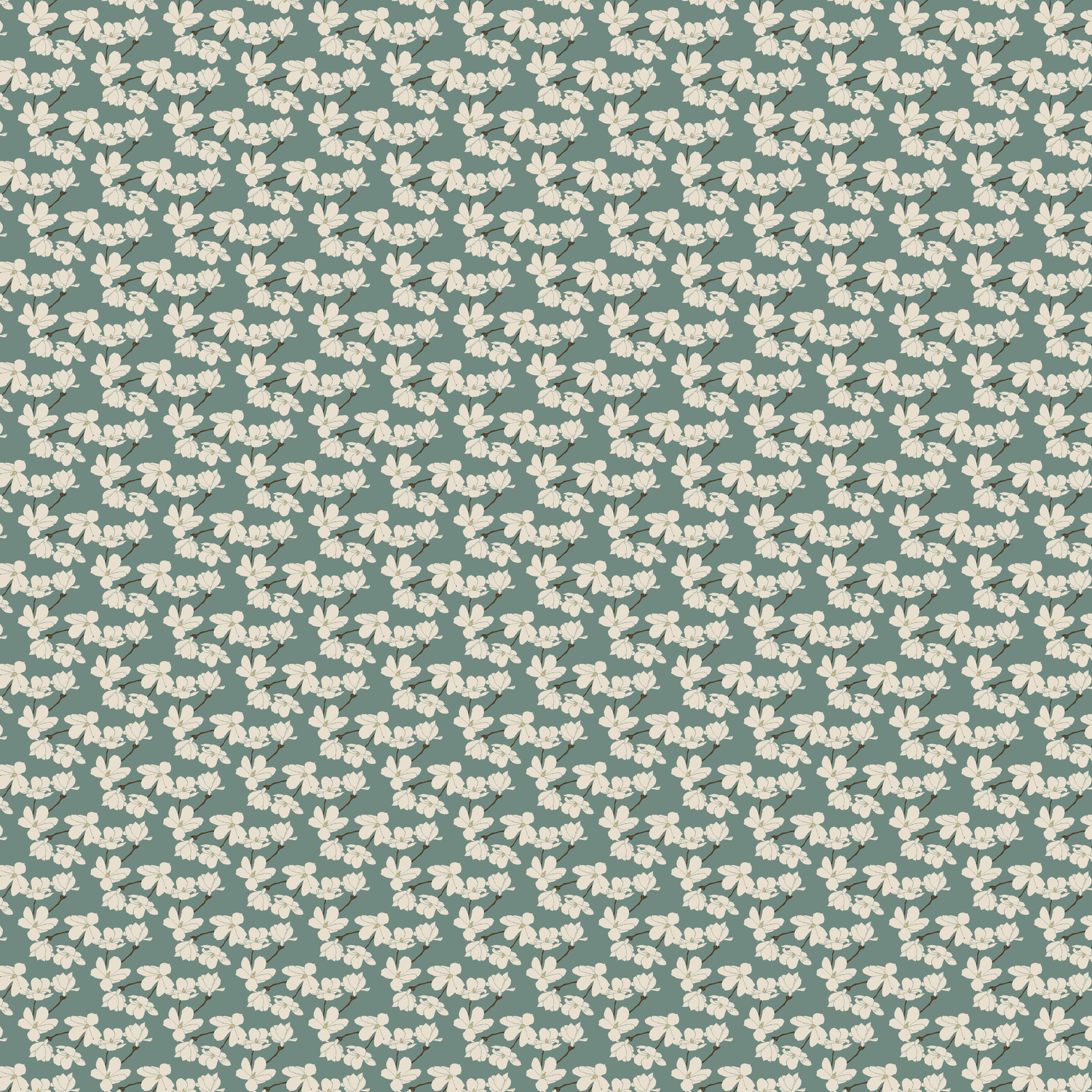Small white floral pattern repeating seamlessly on a sage green background in a vintage wallpaper style.
