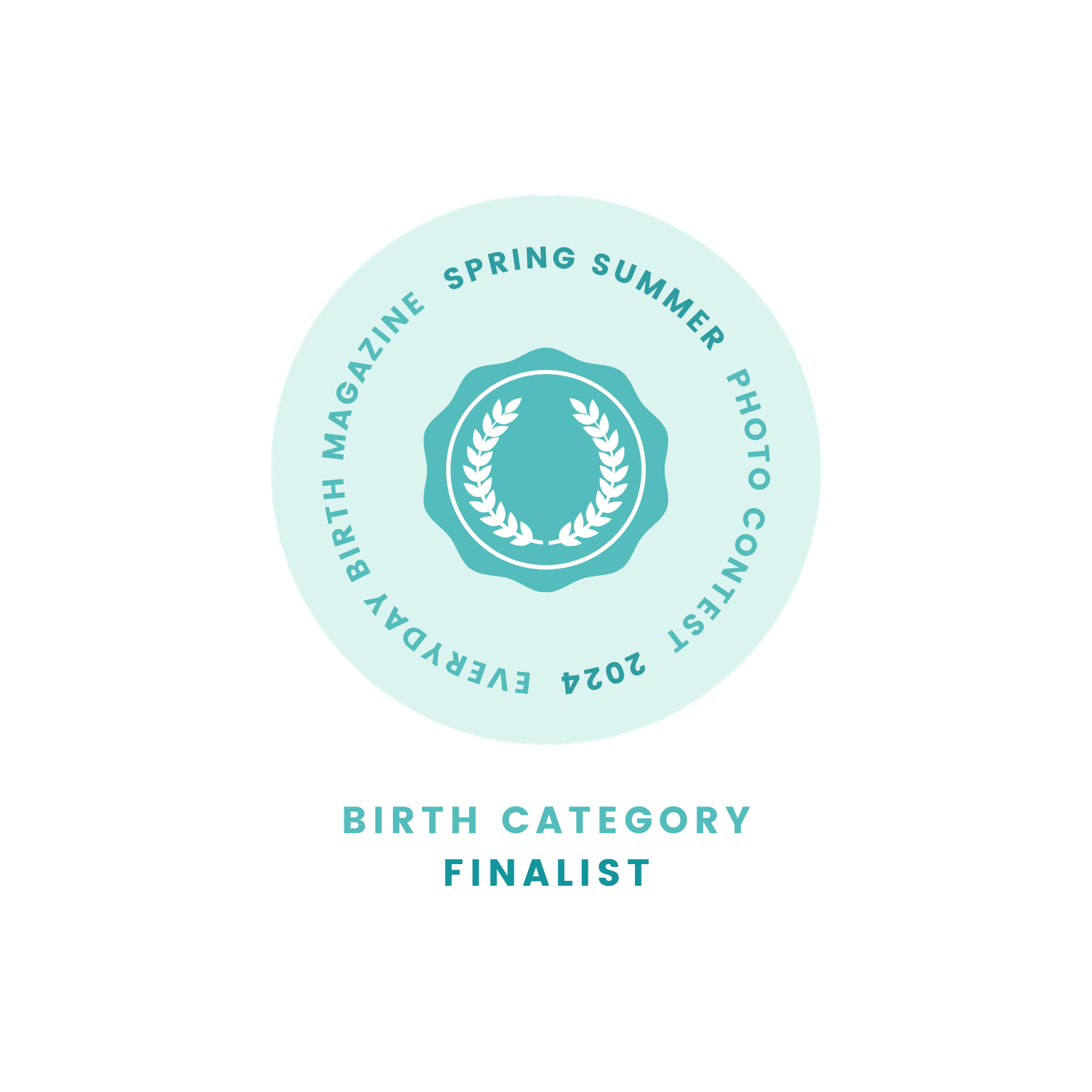 Light blue circular badge showing Birth Category Finalist status with a laurel wreath design.
