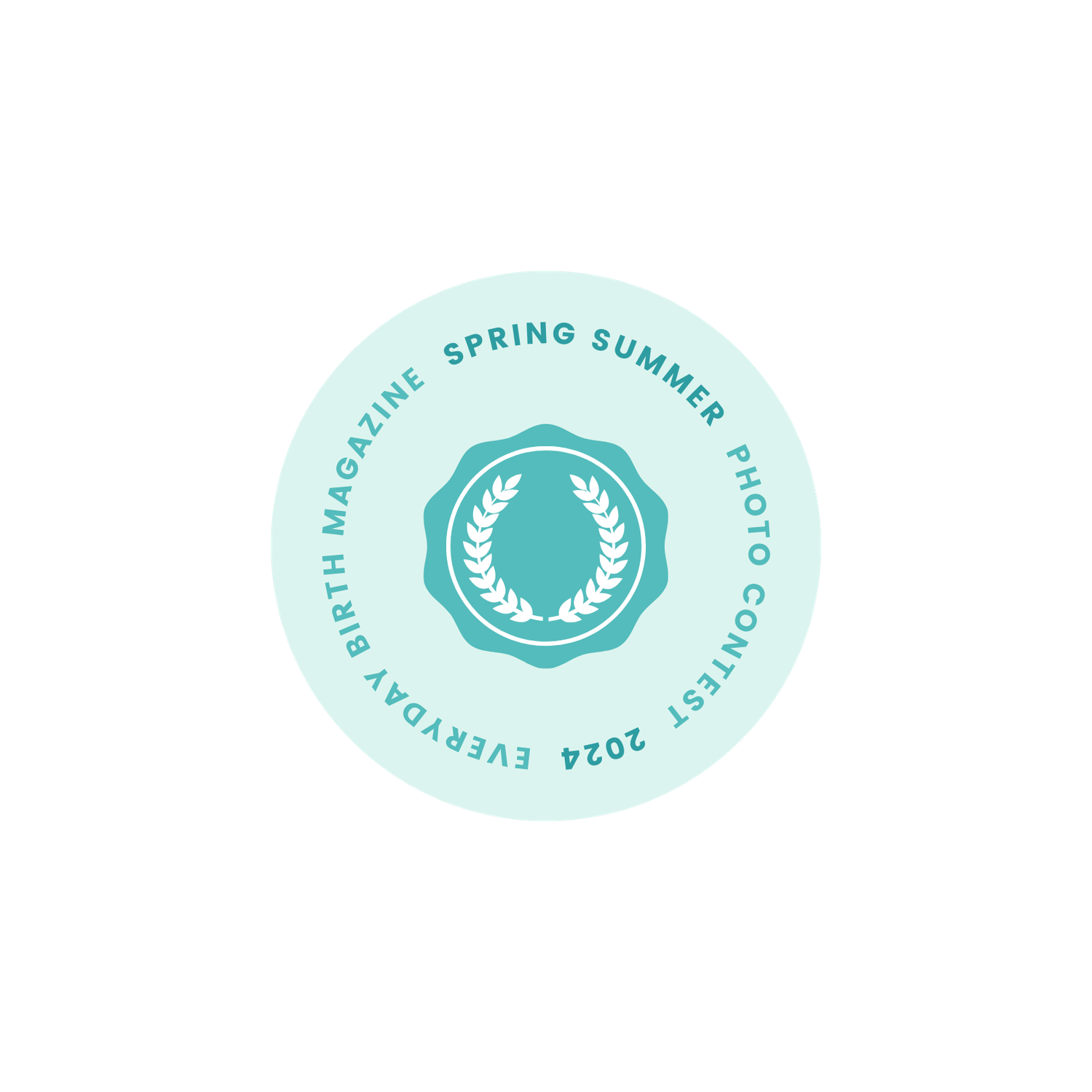 Circular turquoise badge with laurel wreath design and text 'spring summer' around the perimeter.