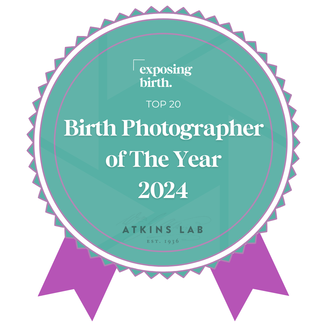 A teal and purple award badge design for Birth Photographer of The Year 2024 from Atkins Lab.
