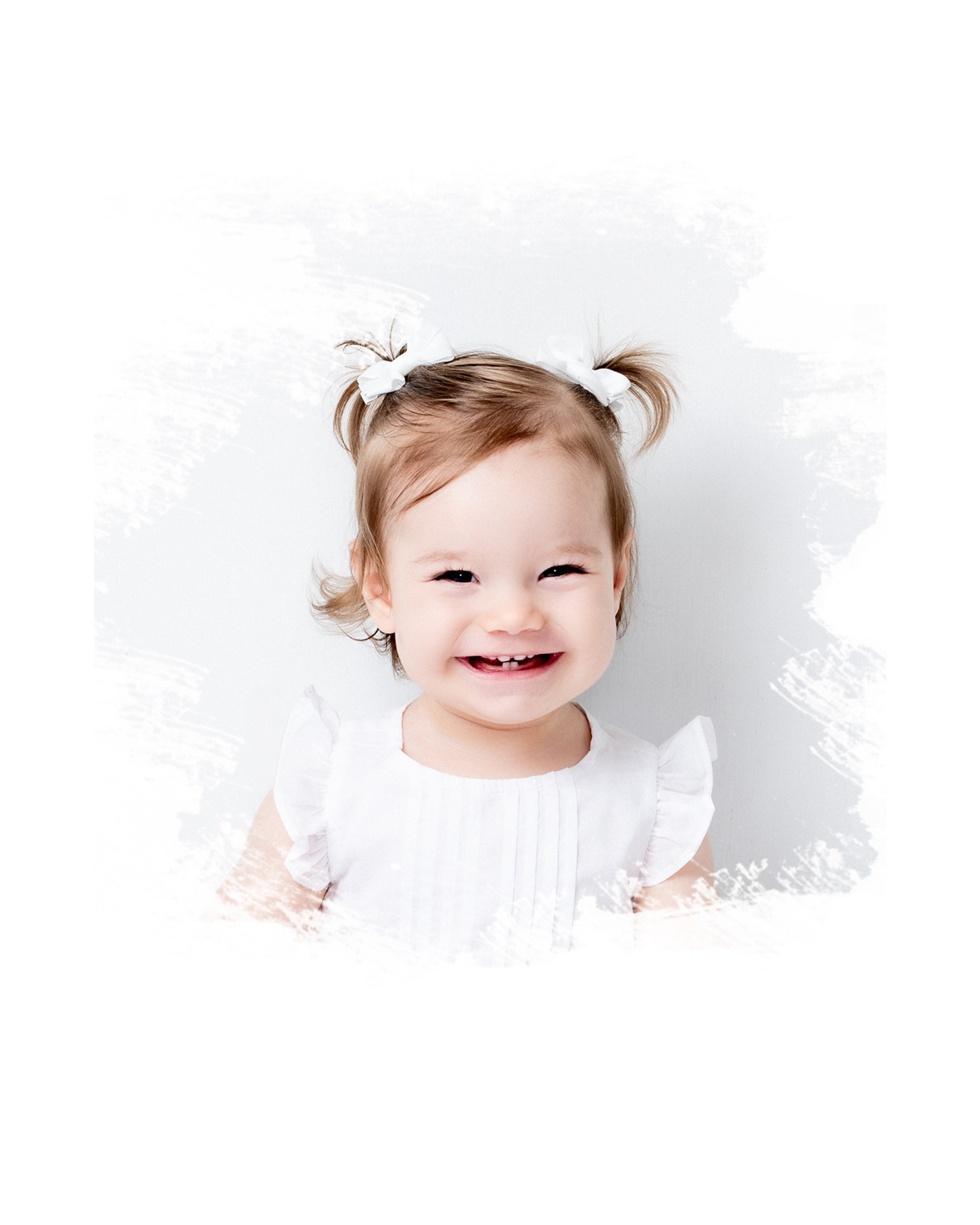 Three cheerful close-up images of a smiling child with blonde pigtails peeking through white paper.