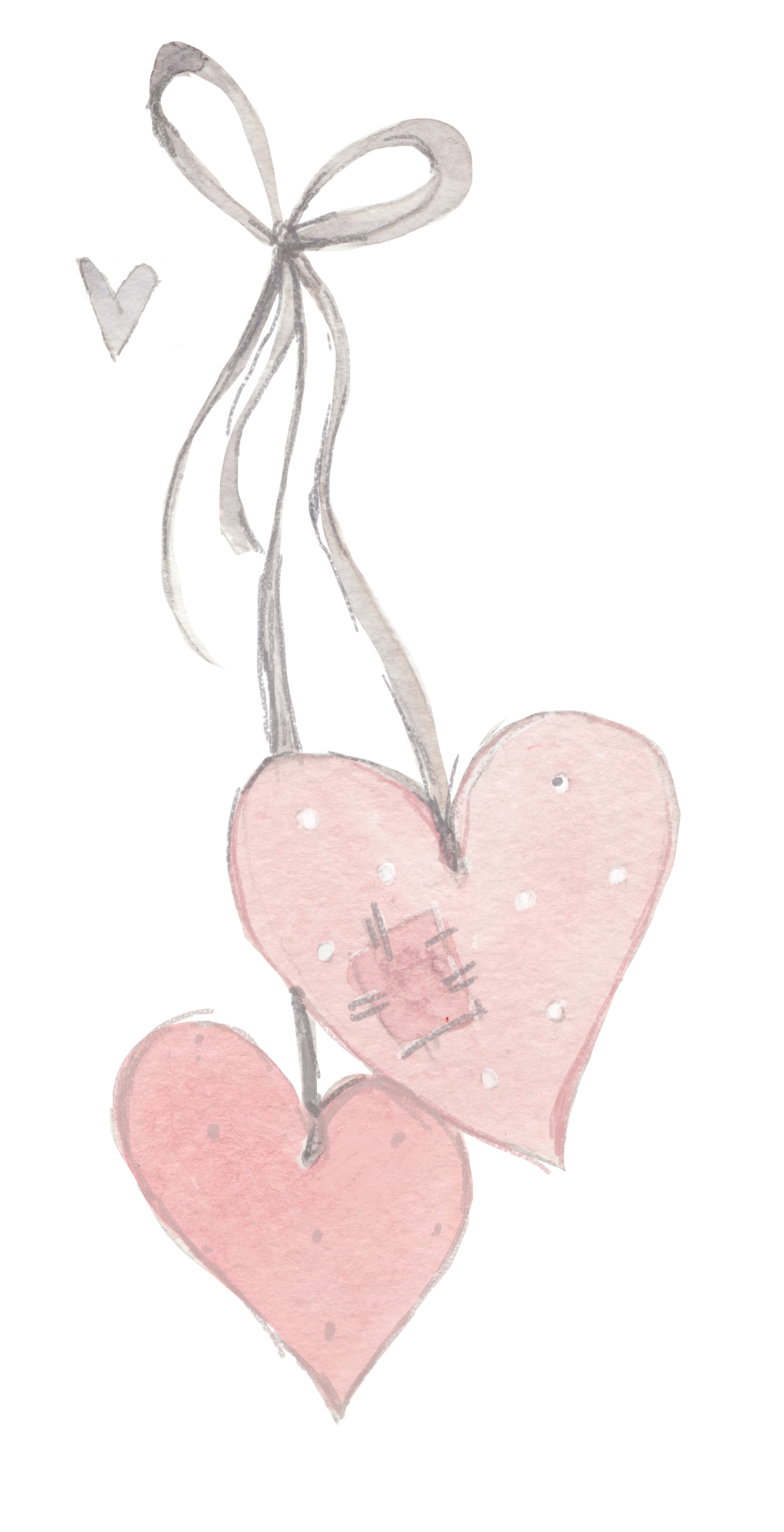 Watercolor illustration of five pink hanging heart decorations with gray ribbons and strings.