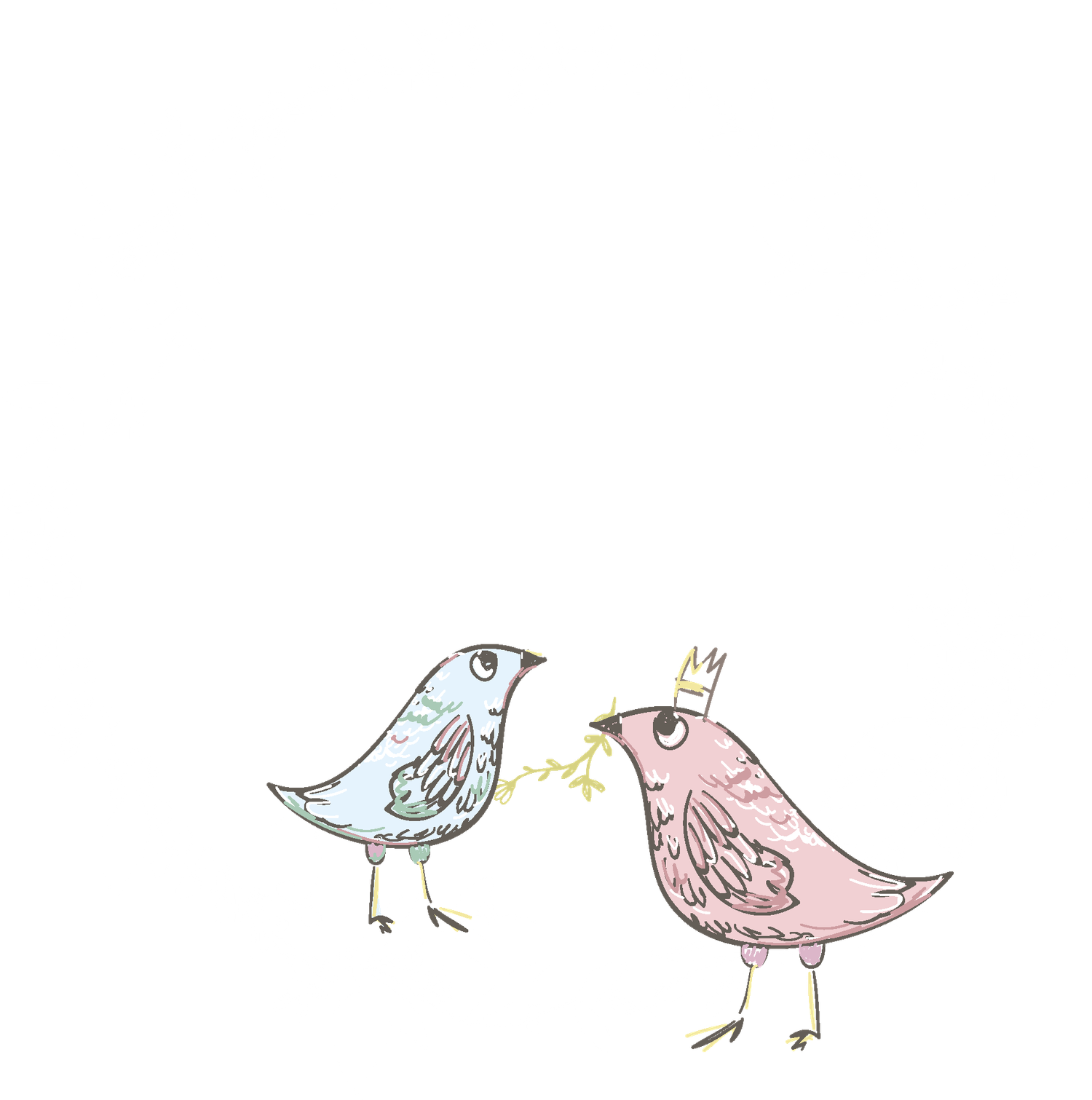 Cute hand-drawn illustration of six small pastel birds in various poses with simple minimal line art style.