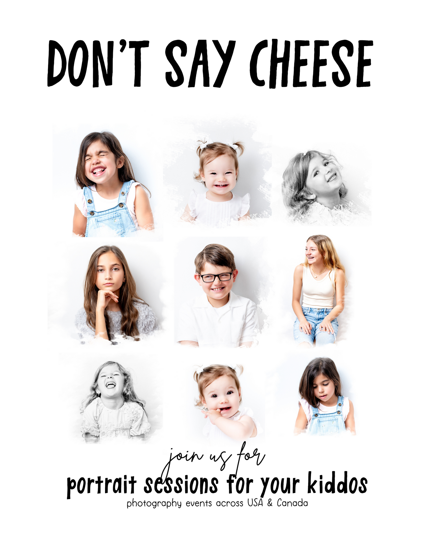 Collage of playful expressions with 'Don't Say Cheese' text showing candid portrait photography sessions for children.