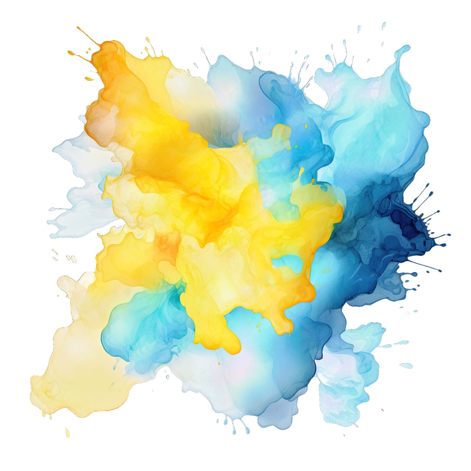 Abstract watercolor painting with yellow and blue splashes blending together in a dynamic burst pattern.