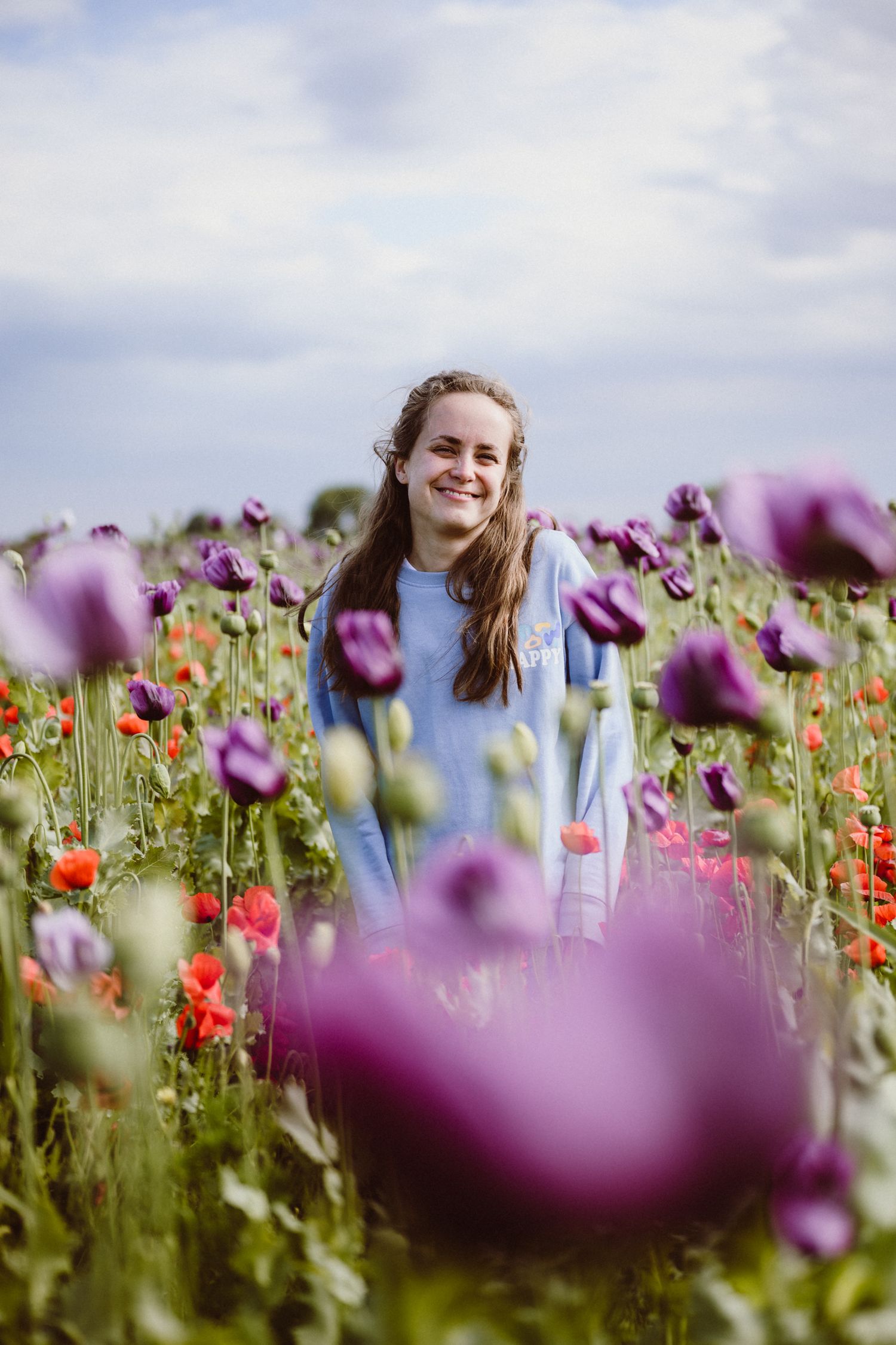 A vibrant field of purple and red poppies stretches out with someone enjoying the summer blooms in the background.