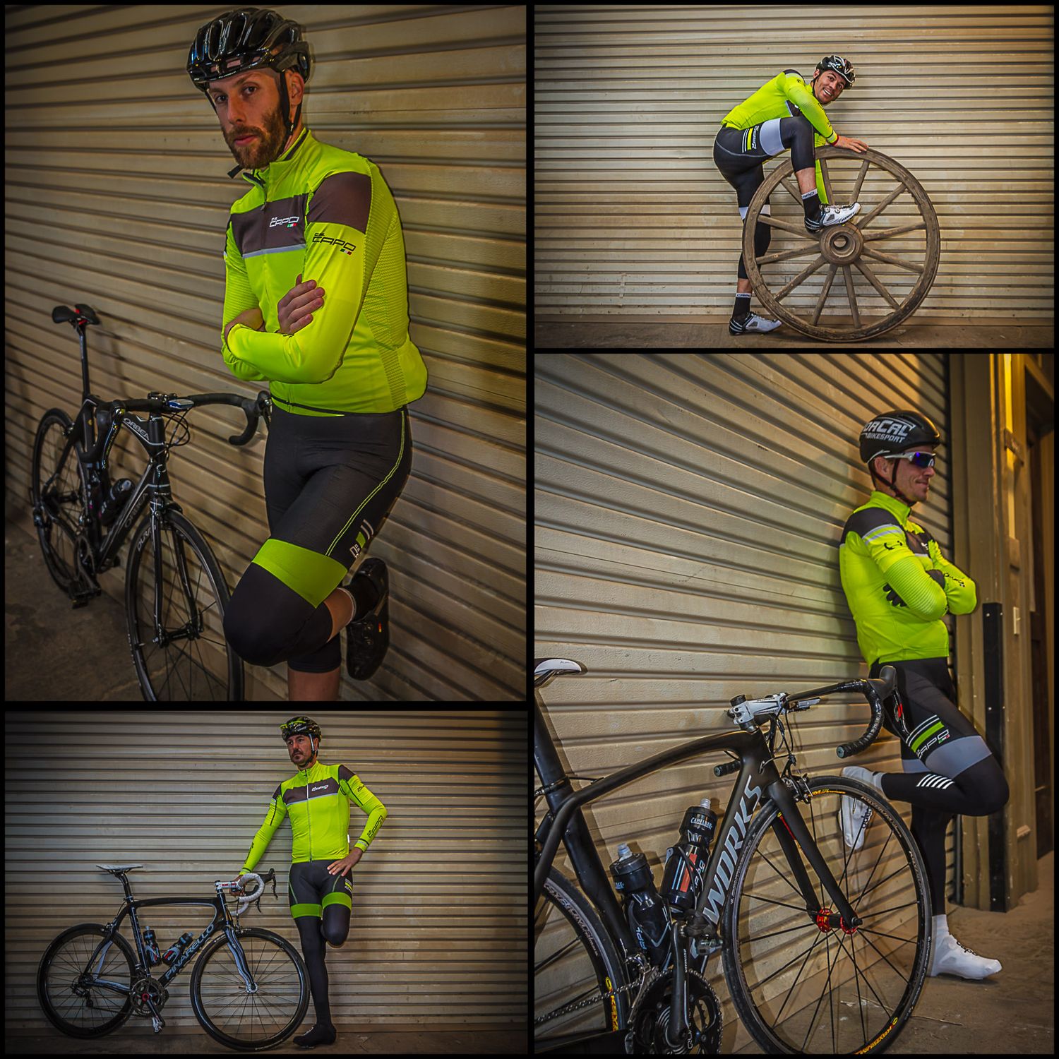 Multi-image collage of cyclist in high-visibility gear posing with racing bike.