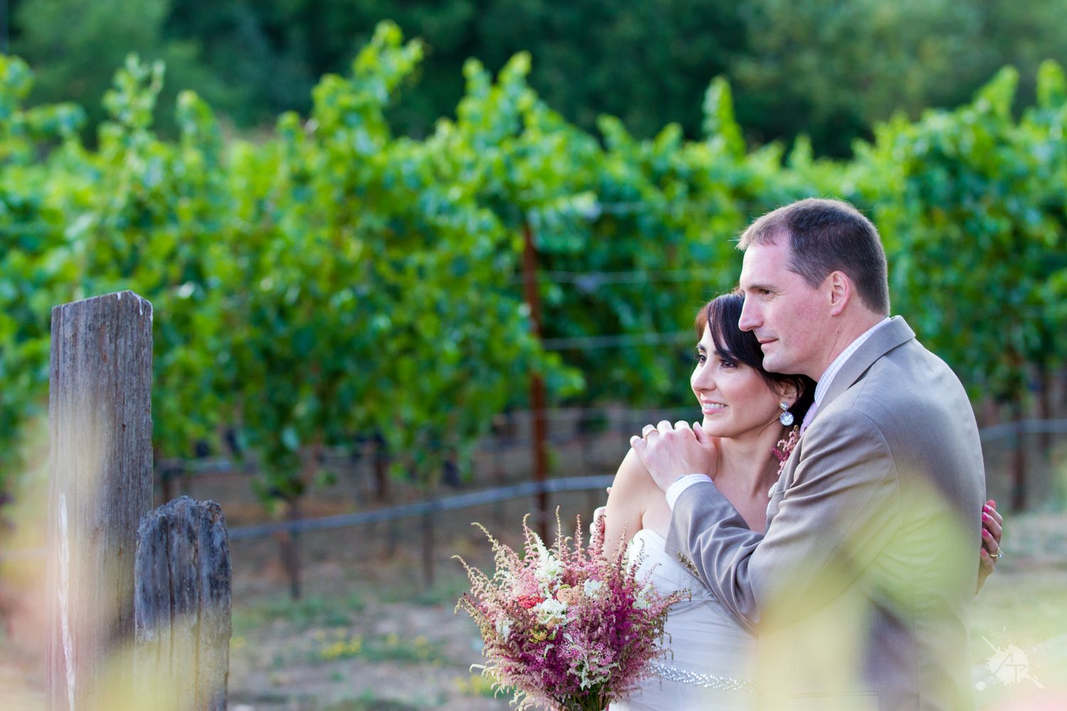 Wedding couple shares intimate moment by vineyard fence at sunset.