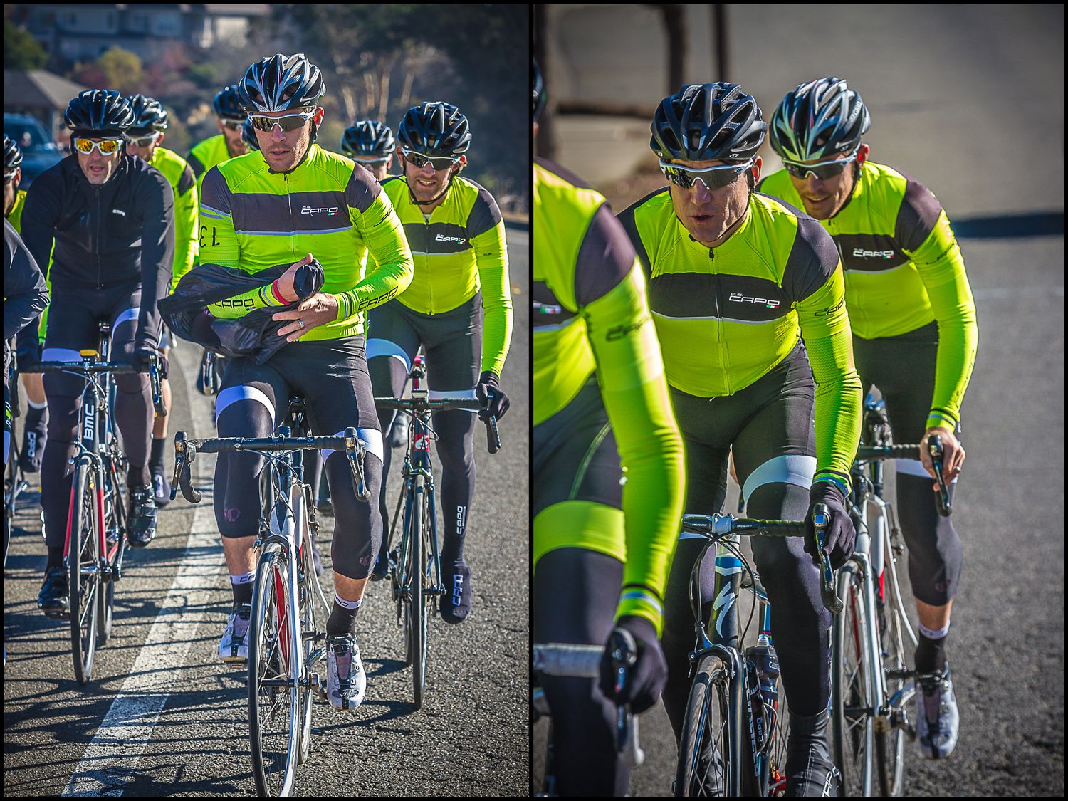 Group of road cyclists in fluorescent yellow uniforms riding bikes in tight formation.