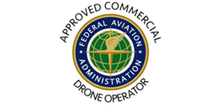FAA Approved Commercial Drone Operator certification badge with green globe logo.