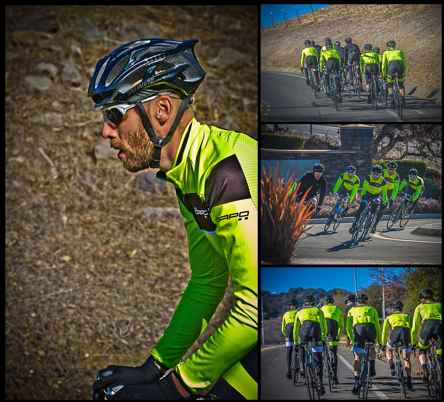 Collage of cyclists in bright yellow gear riding together through scenic mountain roads.