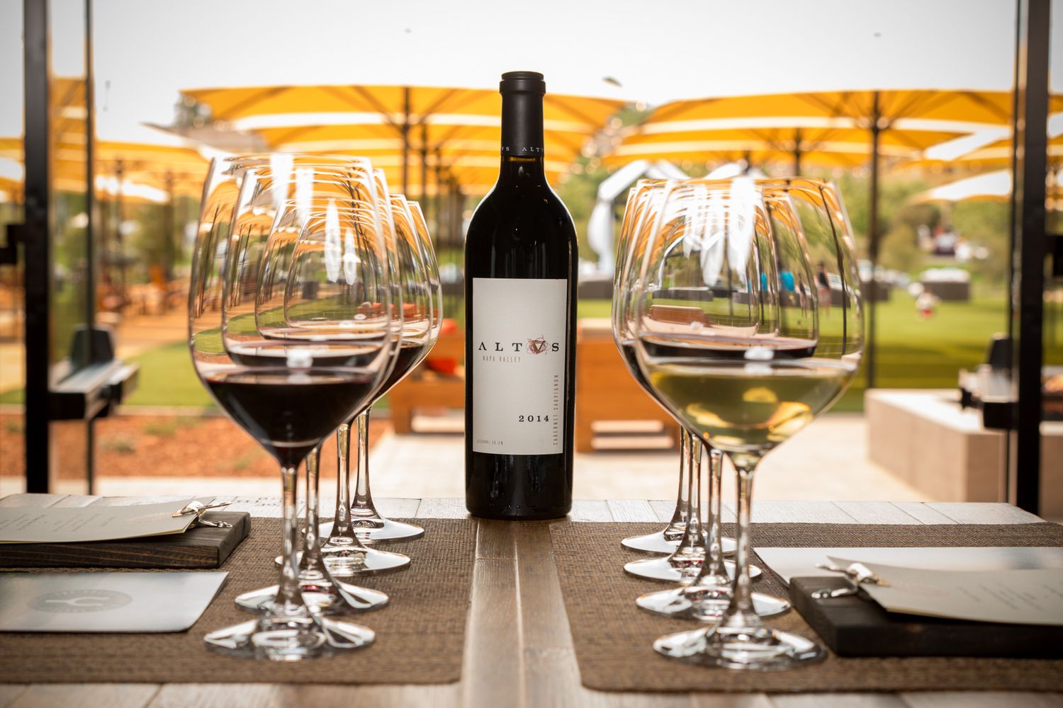 Wine glasses lined up for tasting with bottle centered against bright window view.