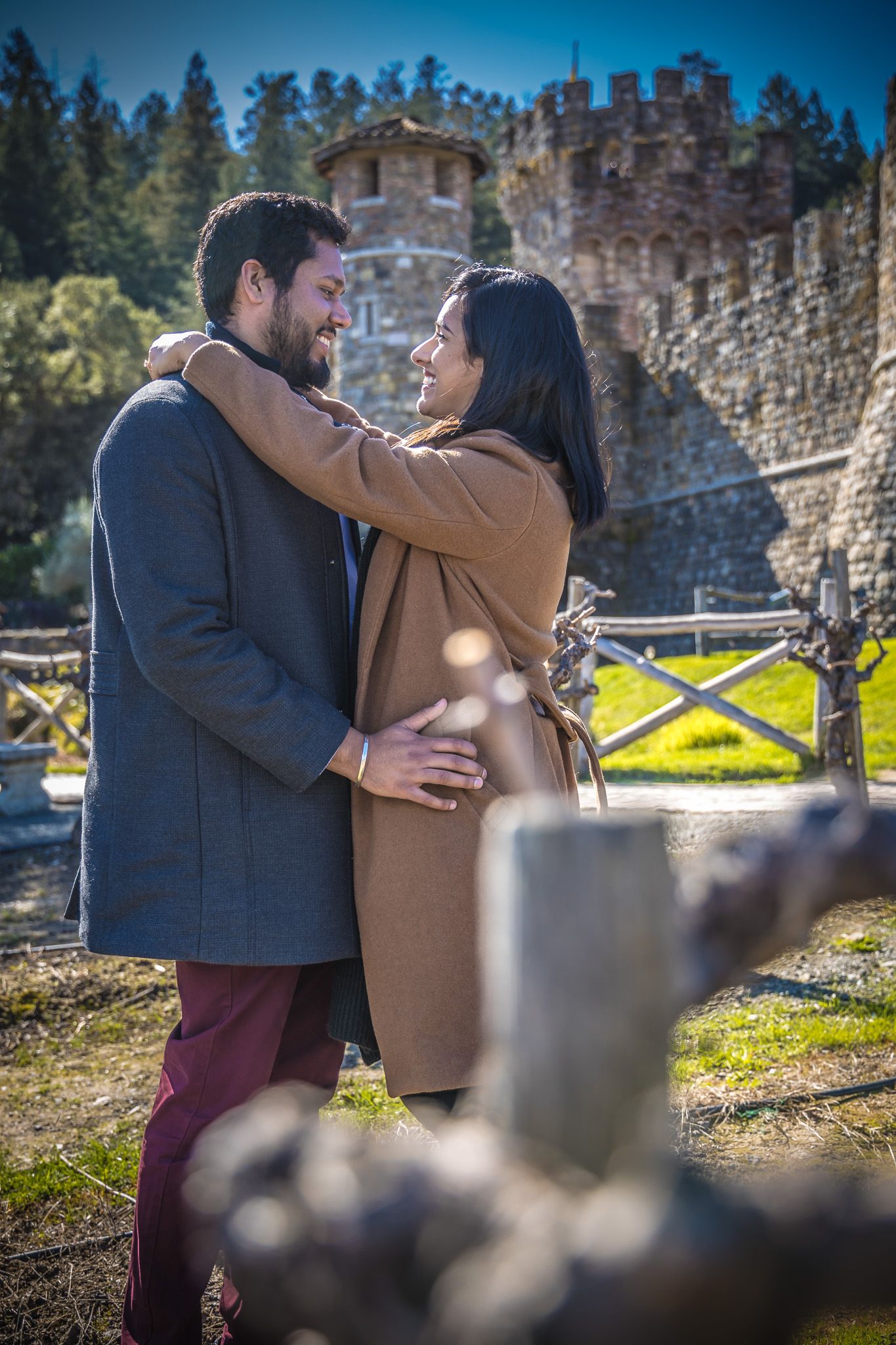 A romantic couple embraces in front of stone castle walls and towers with vineyard posts visible in the foreground.