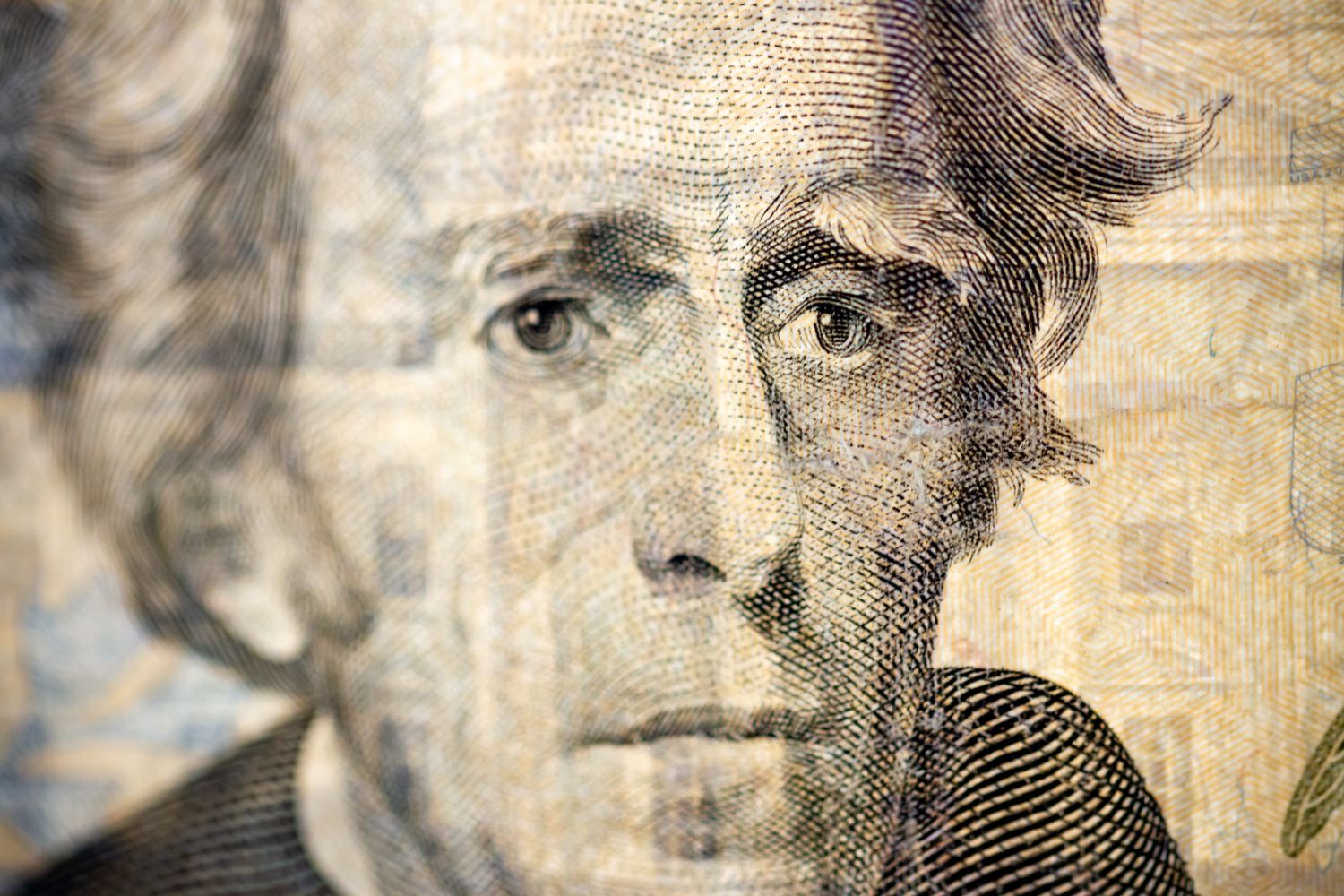 Extreme close-up detail of an aged paper currency showing portrait engraving.