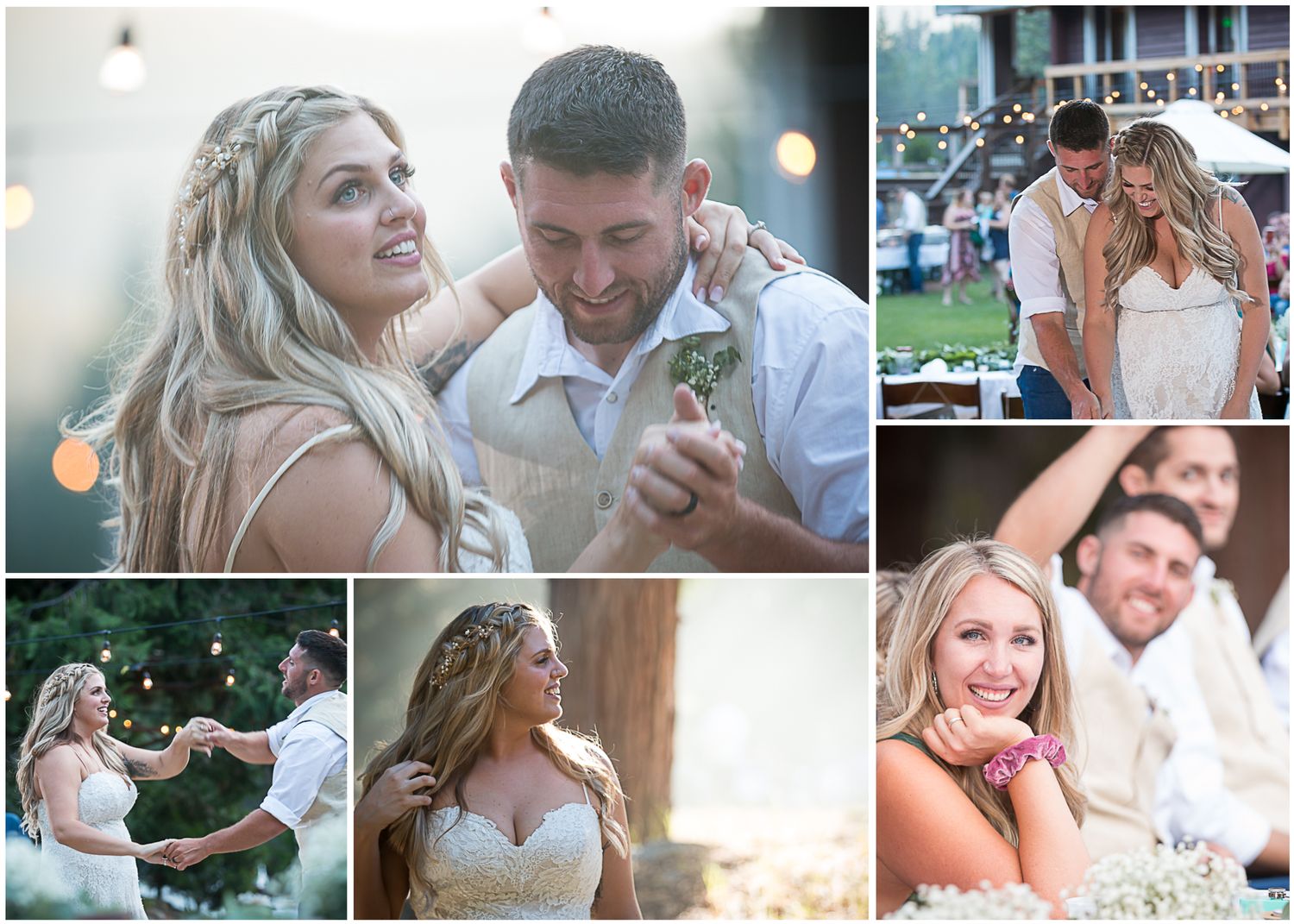 A wedding photo collage showing joyful moments between a couple dancing, embracing and celebrating their special day together.
