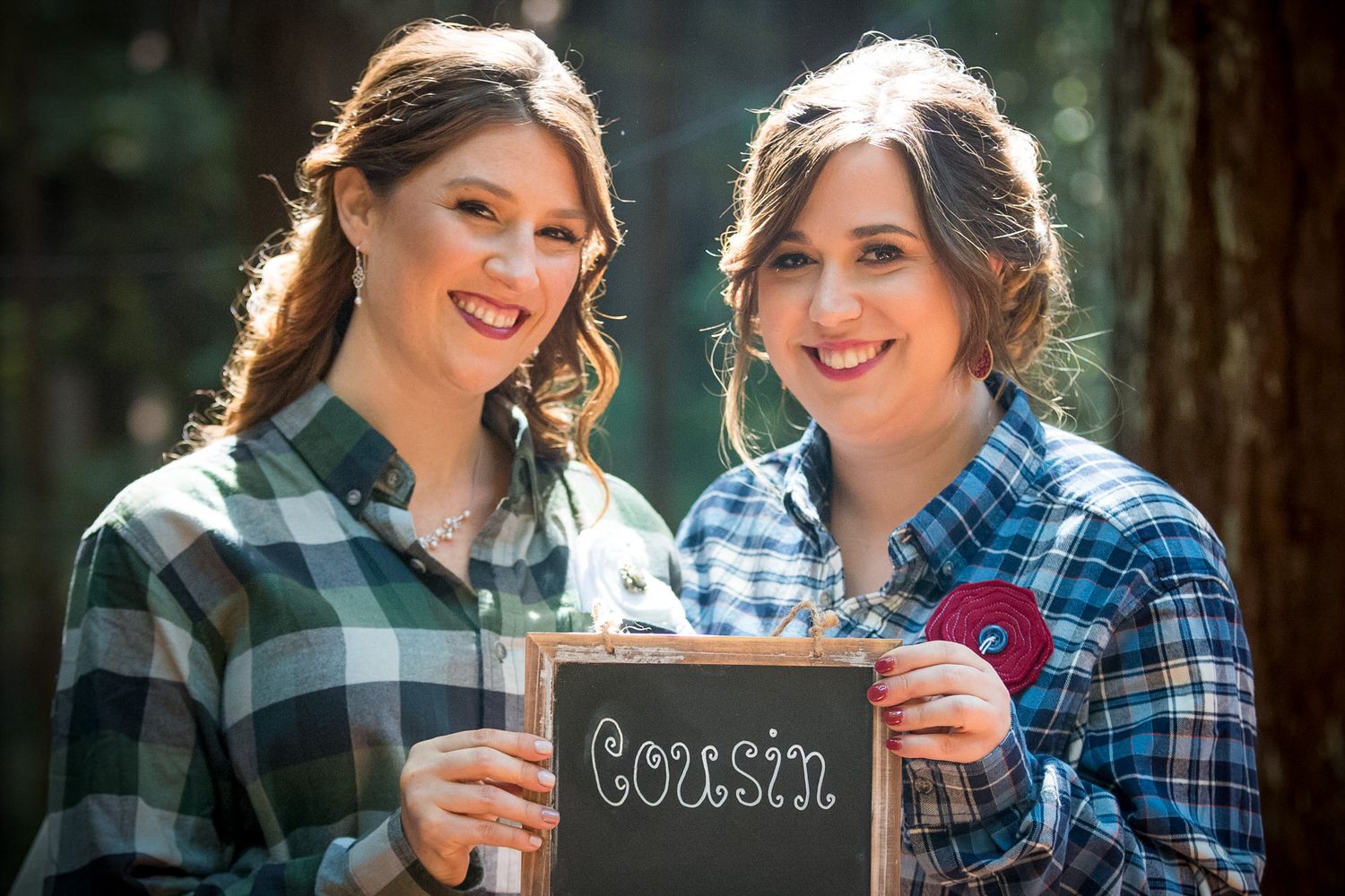 Outdoor photo series with chalkboard signs and plaid clothing.