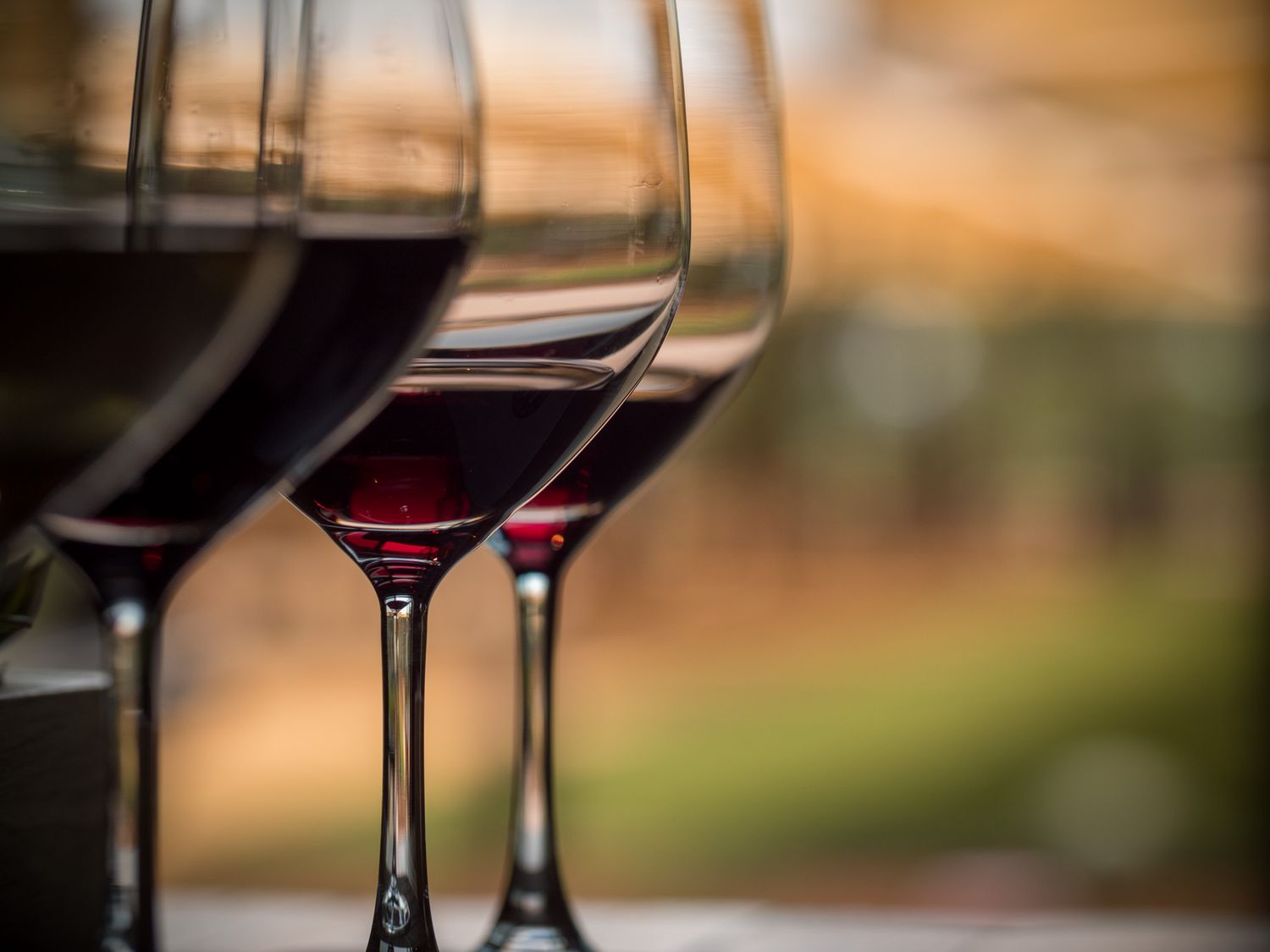 Close-up of red wine glasses with blurred autumn background.
