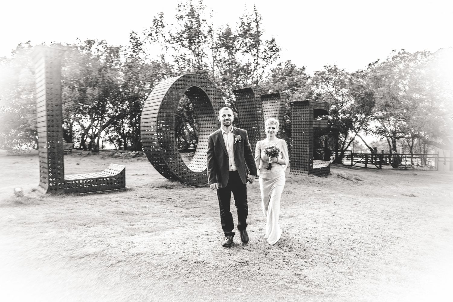 A vintage black and white outdoor photograph showing large O and D letters at the Old Dominion grounds.