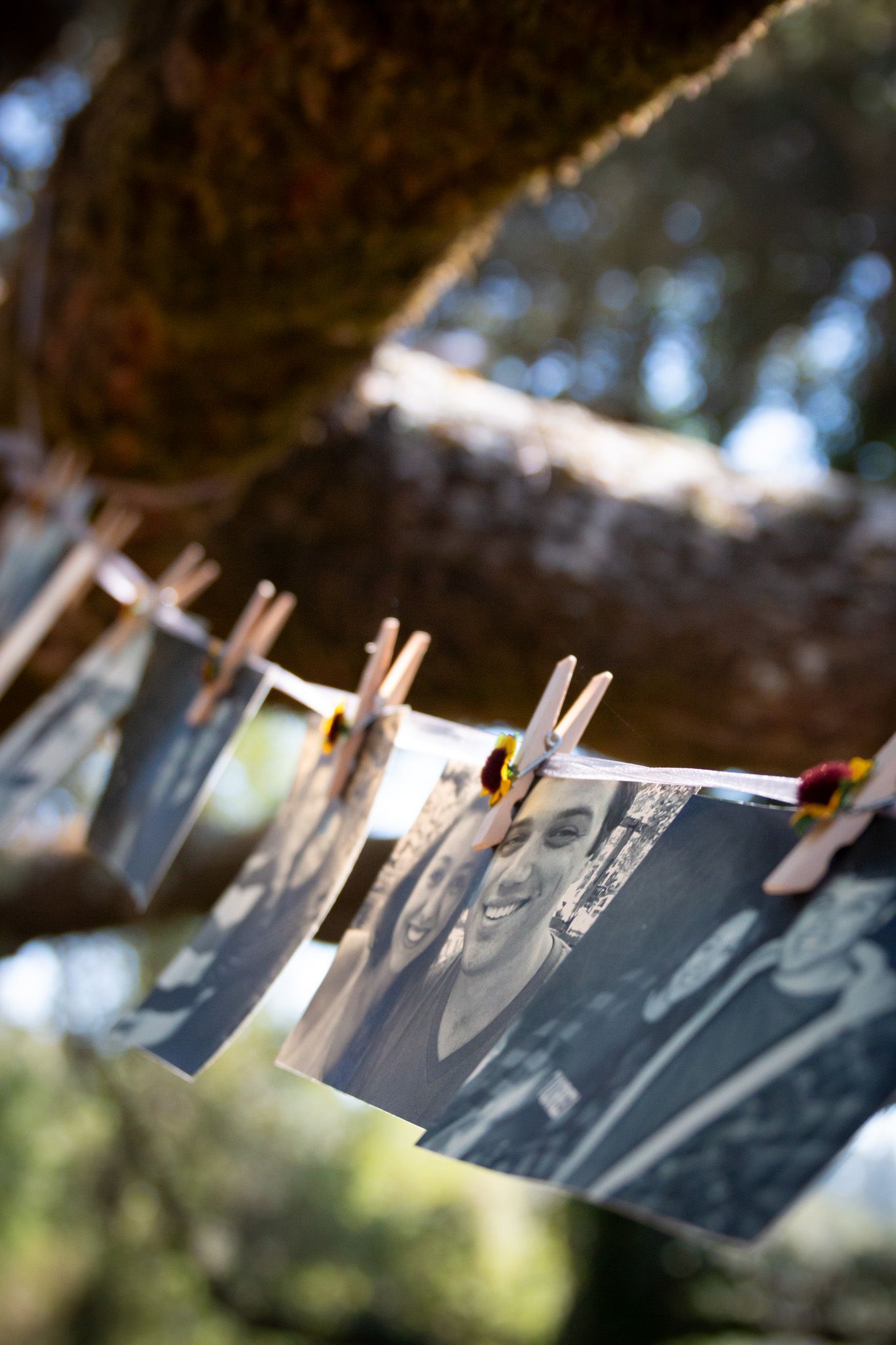 Black and white photographs drying on a clothesline with wooden clothespins against a blurred outdoor background.