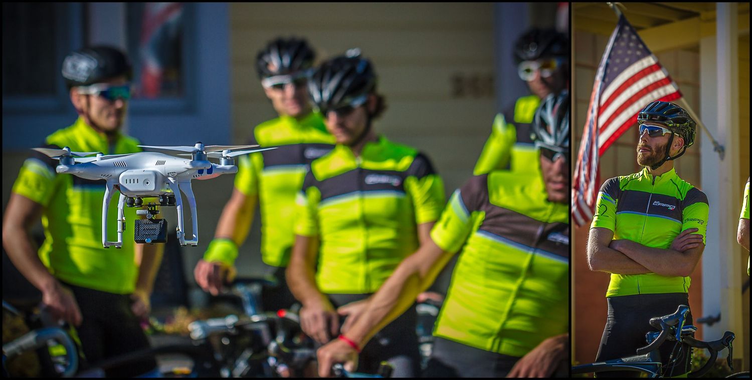 Cyclists in safety yellow uniforms with American flag and drone equipment.