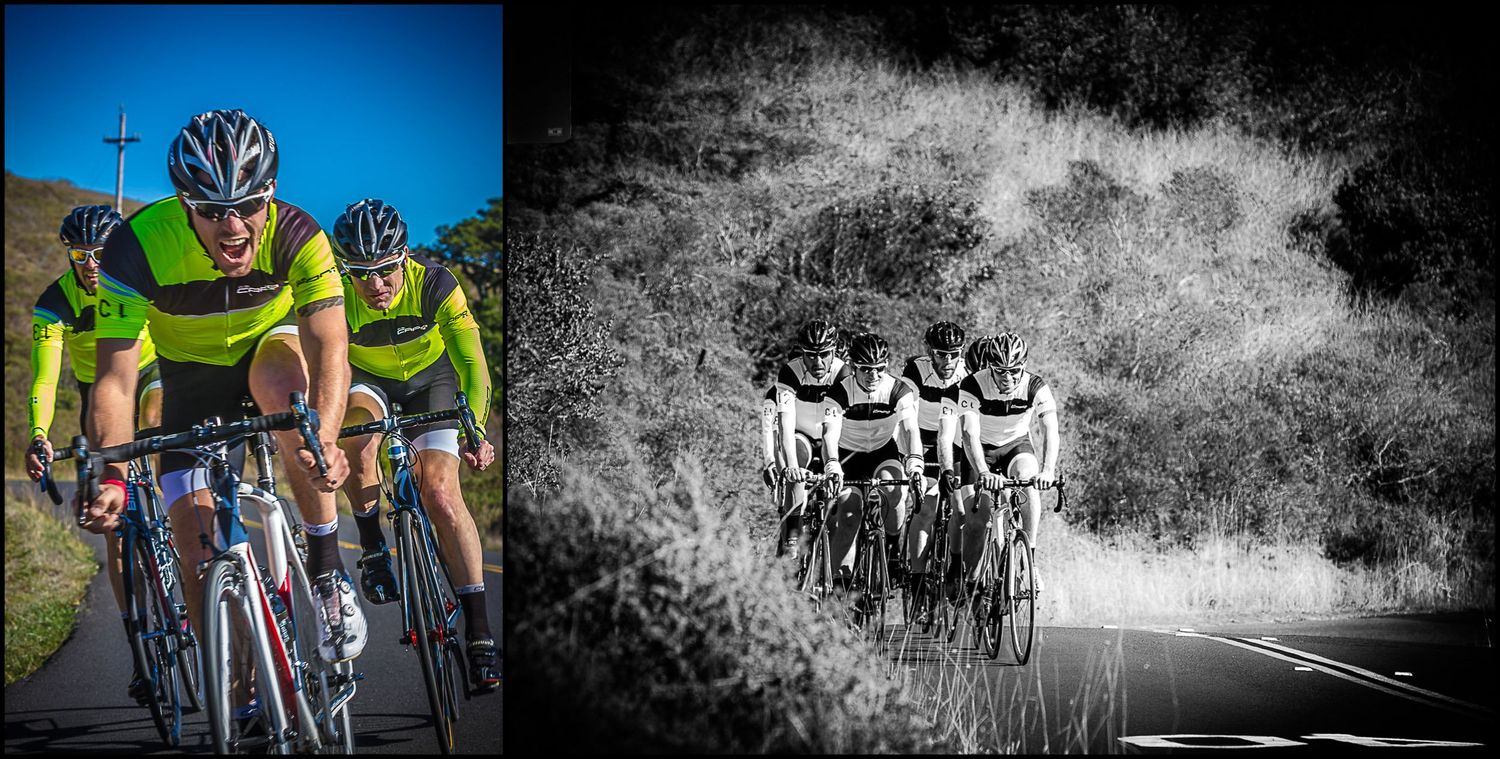 Color and black-and-white images of cyclists in bright yellow uniforms riding in formation.