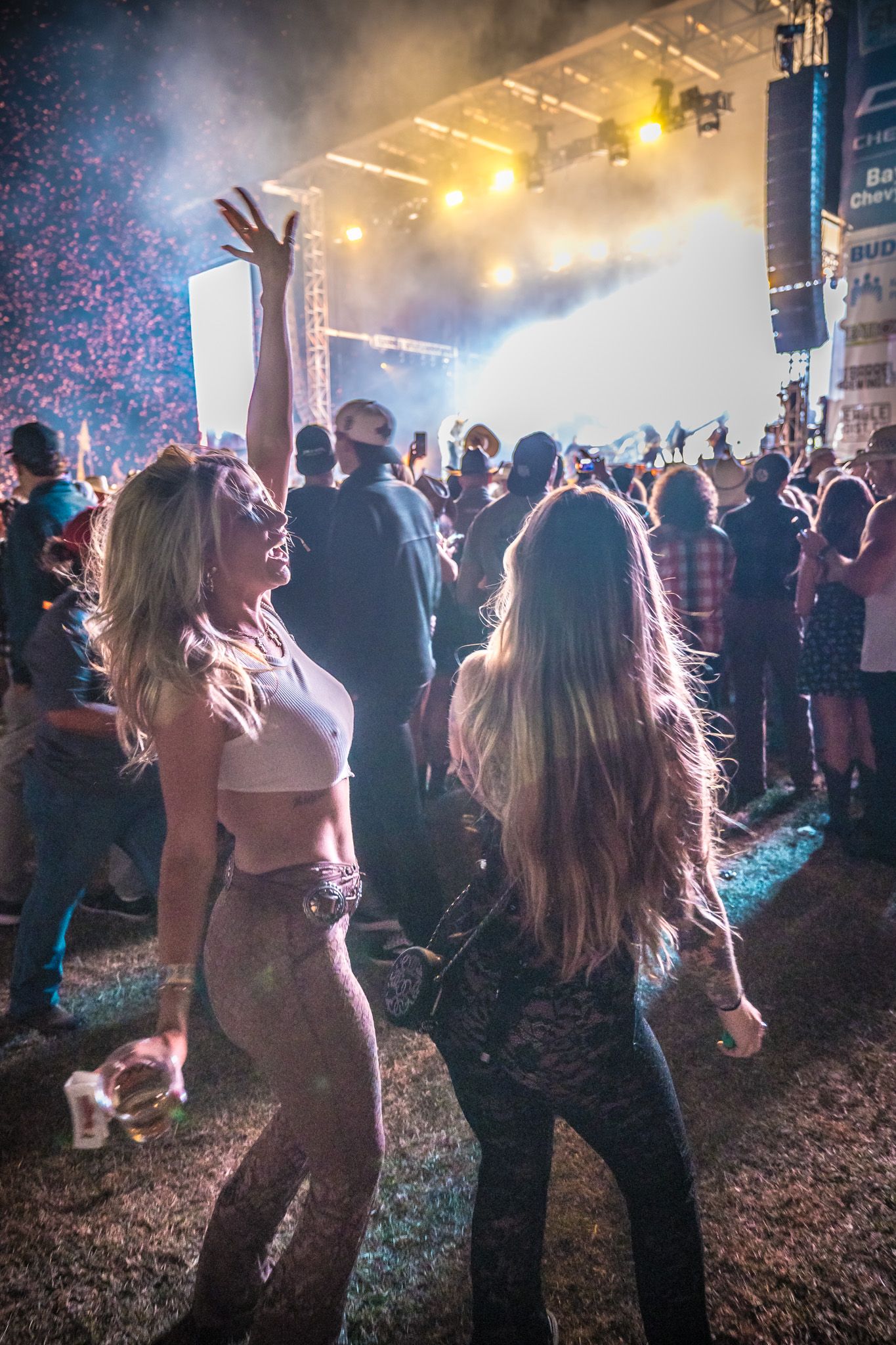 Concert goers dance and celebrate at a lively music festival with dramatic stage lighting and fog effects in the background.