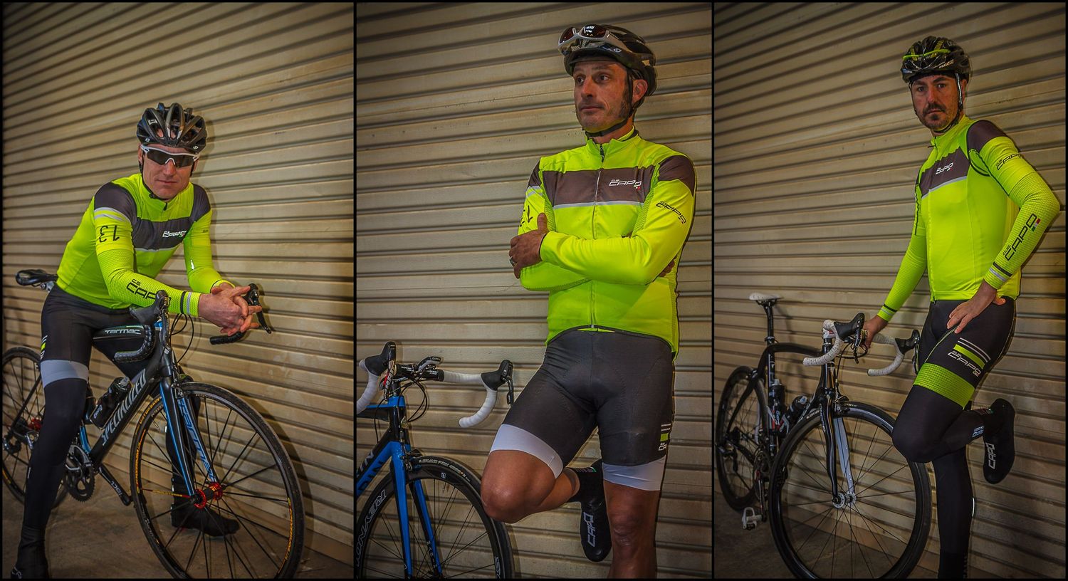 Three cyclists in bright yellow jerseys pose with racing bikes against industrial backdrop.
