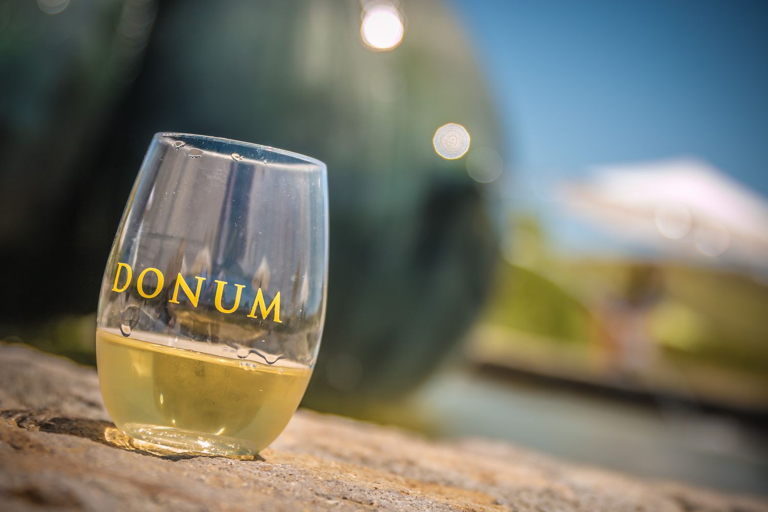 Bonum wine glass with golden wine overlooking sunny vineyard landscape.