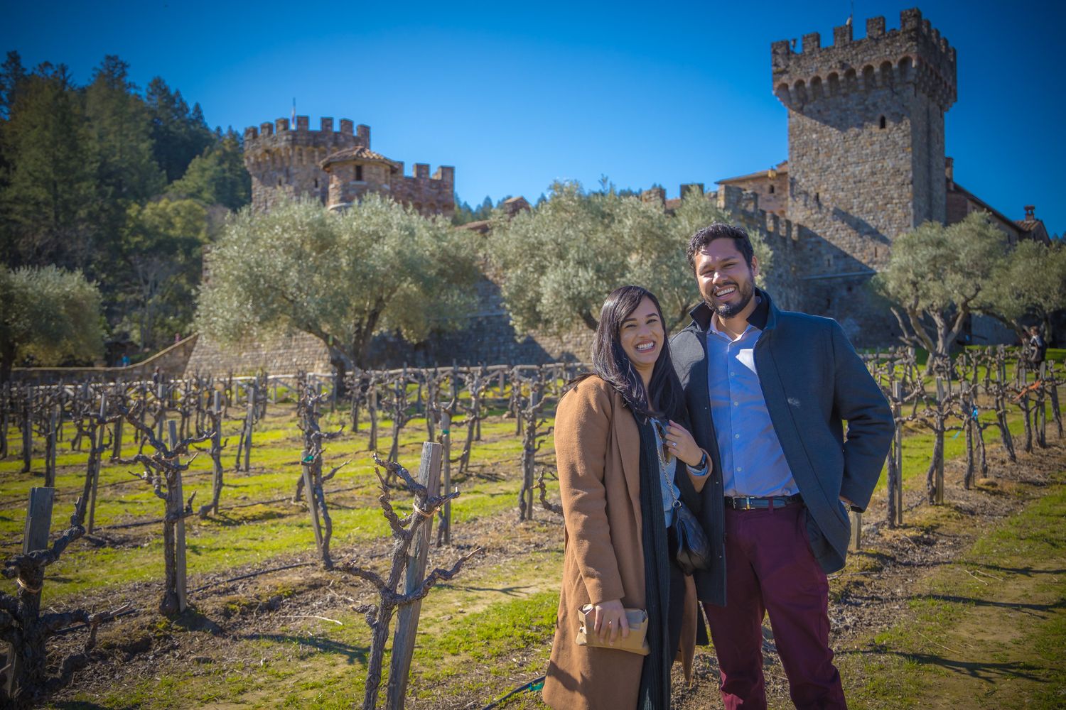 A couple poses together in a vineyard with a stone castle and towers looming in the background on a sunny day.