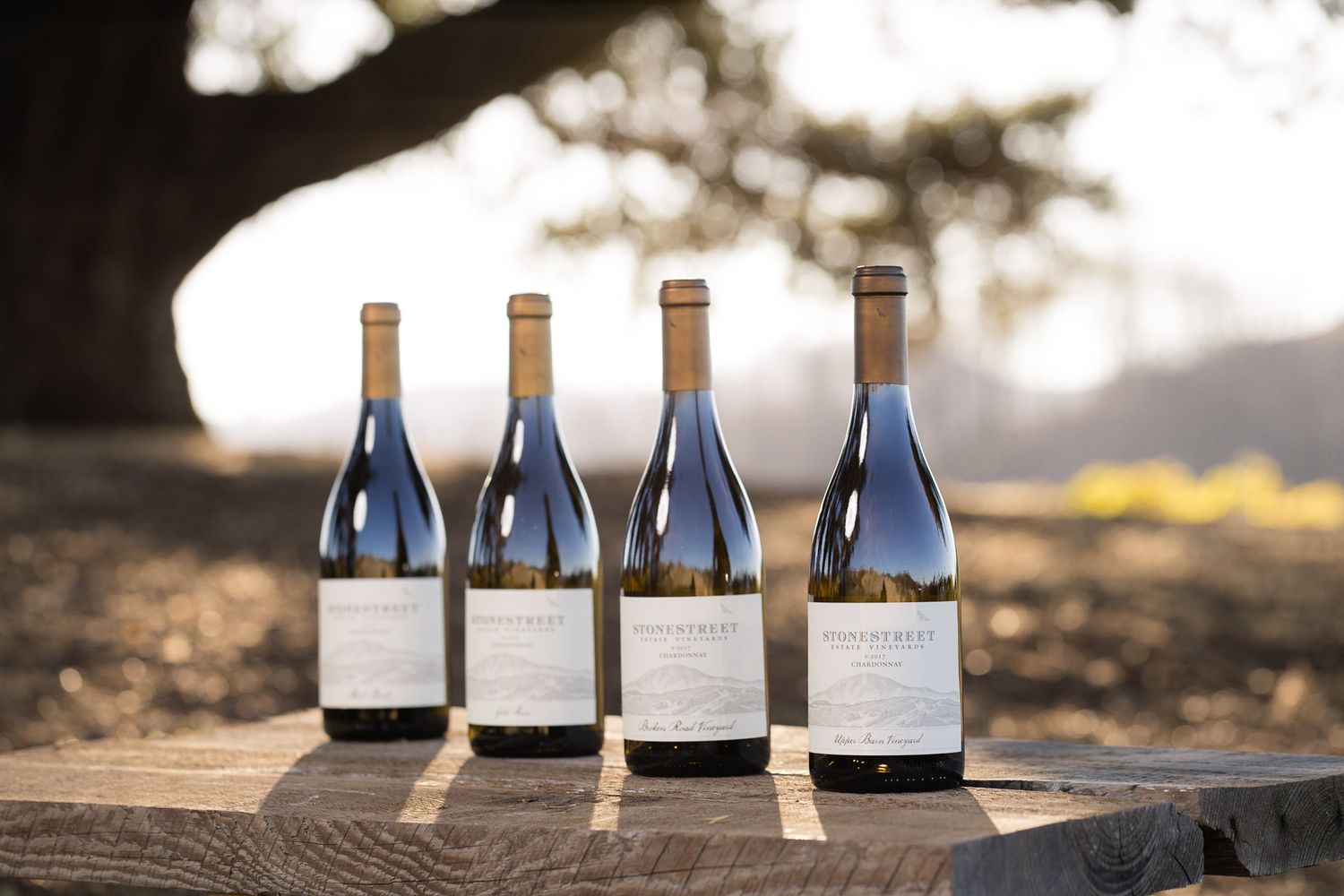 Four wine bottles displayed on rustic wooden surface with blurred natural background.