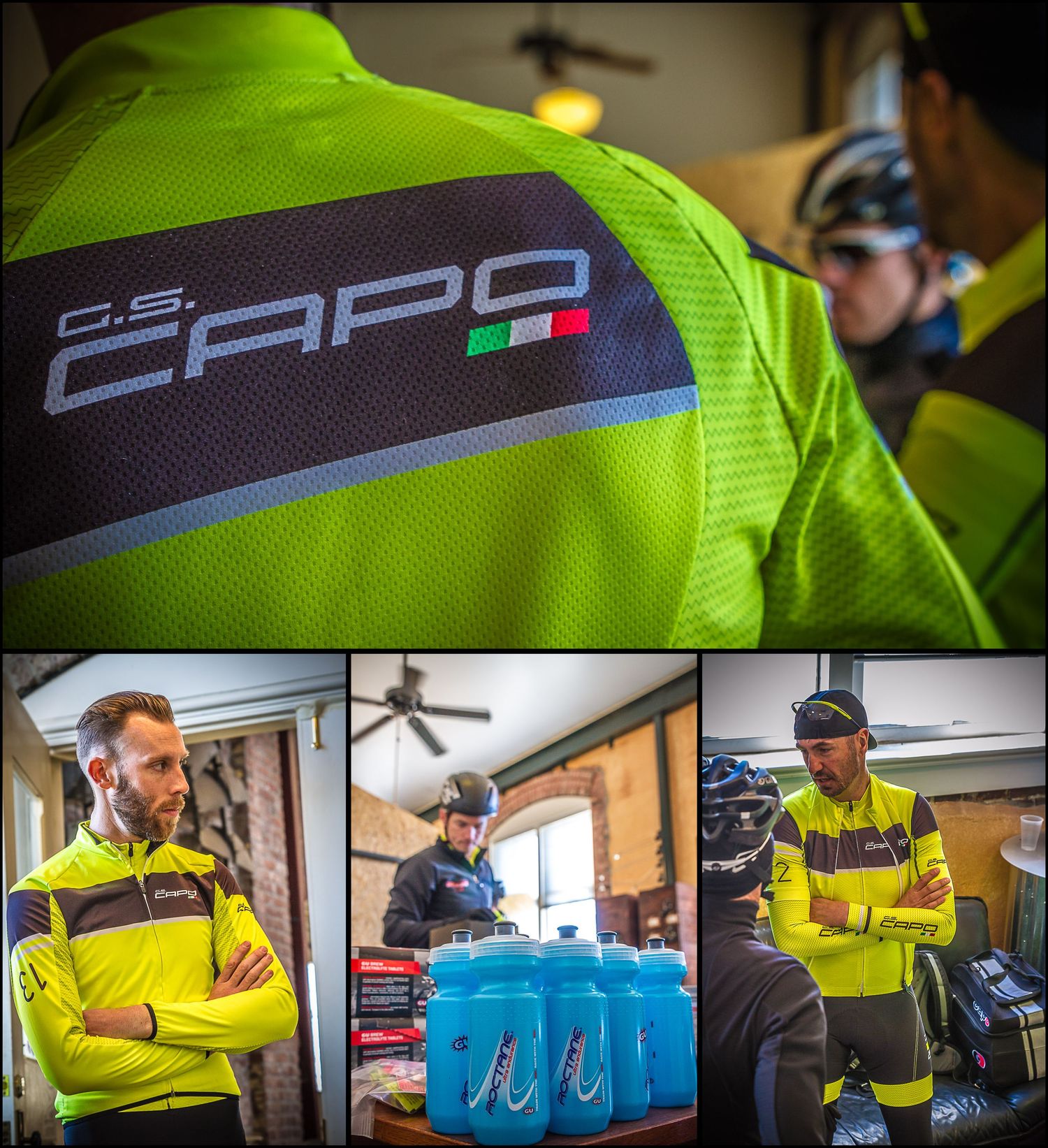 Close-up of neon yellow cycling jersey with CAPO branding and multiple team member shots.