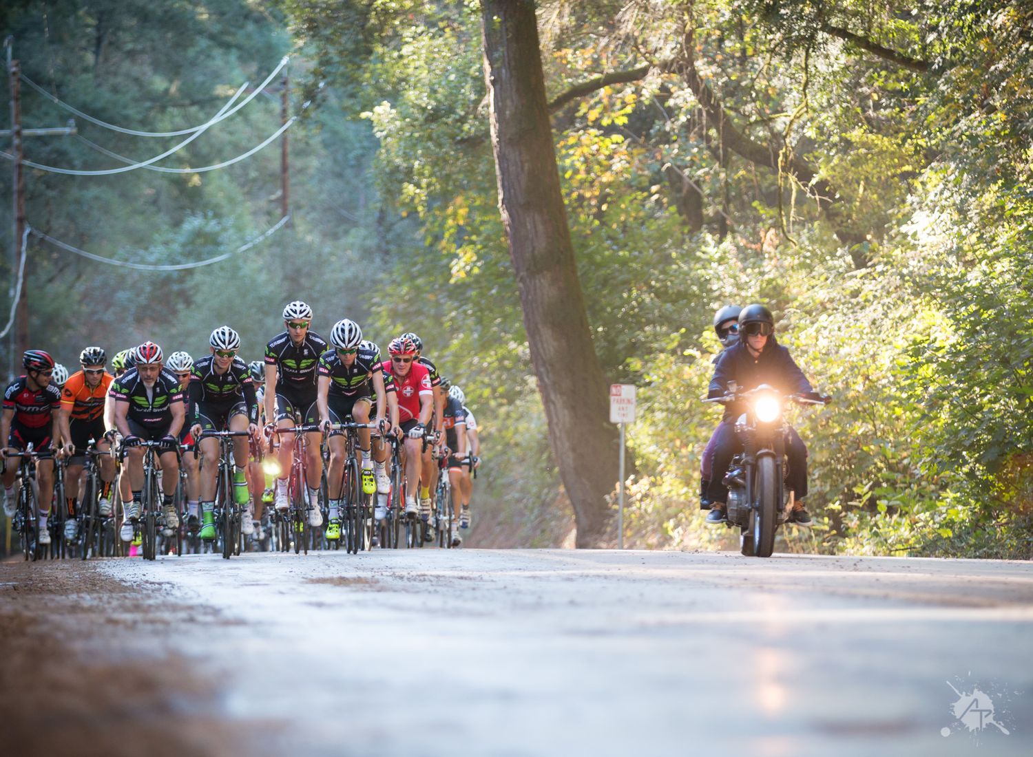 A group of cyclists racing on a forest road while being accompanied by a motorcycle with headlights.