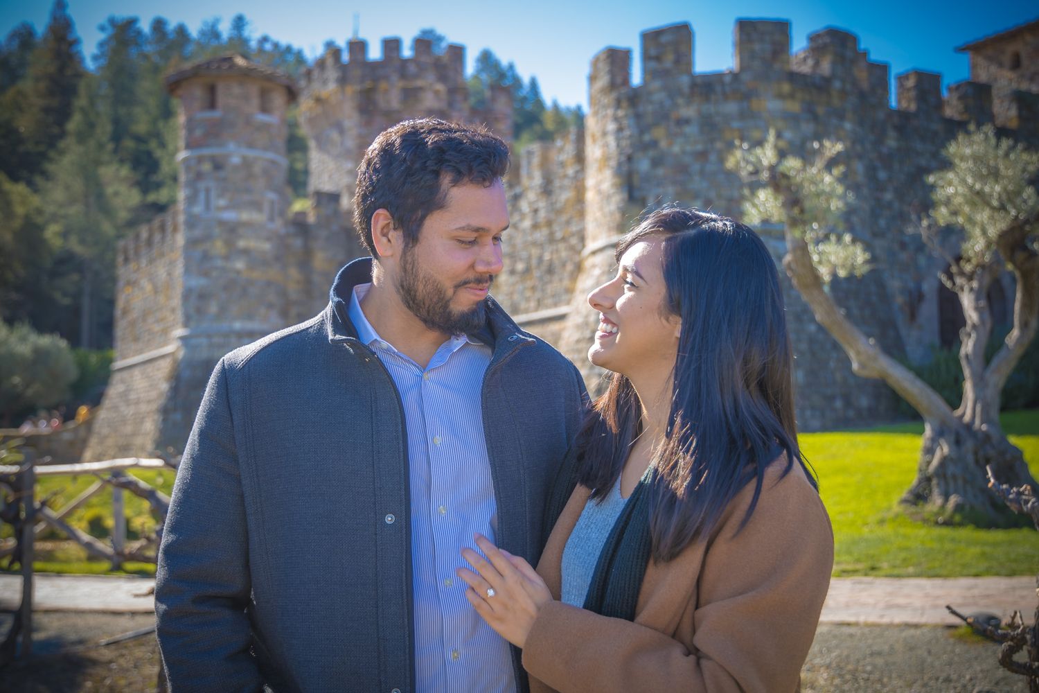 Couple sharing a romantic moment while standing in front of a castle wall with trees in the background.