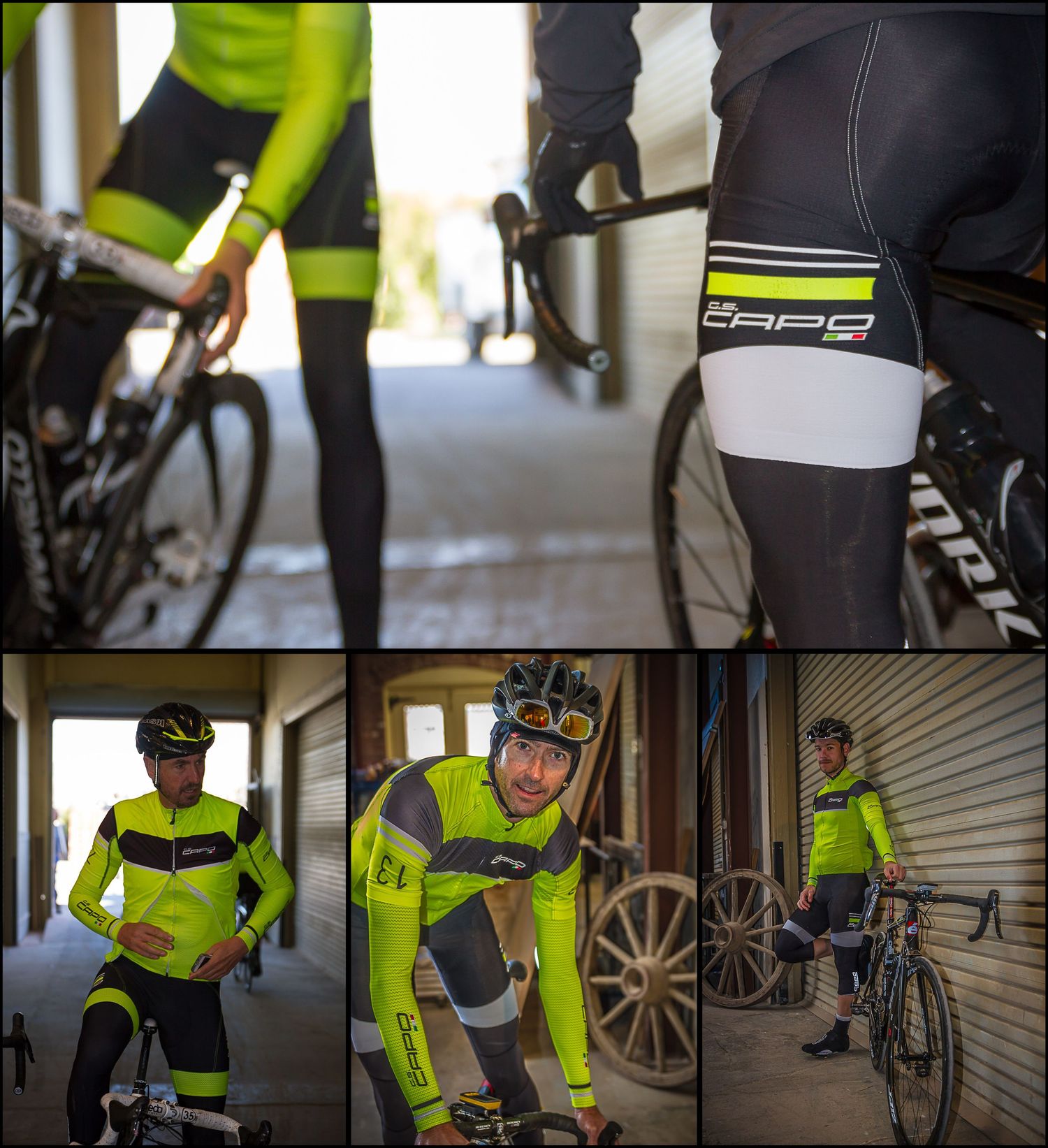 Collage showing cyclists in yellow CAPO gear preparing for ride.