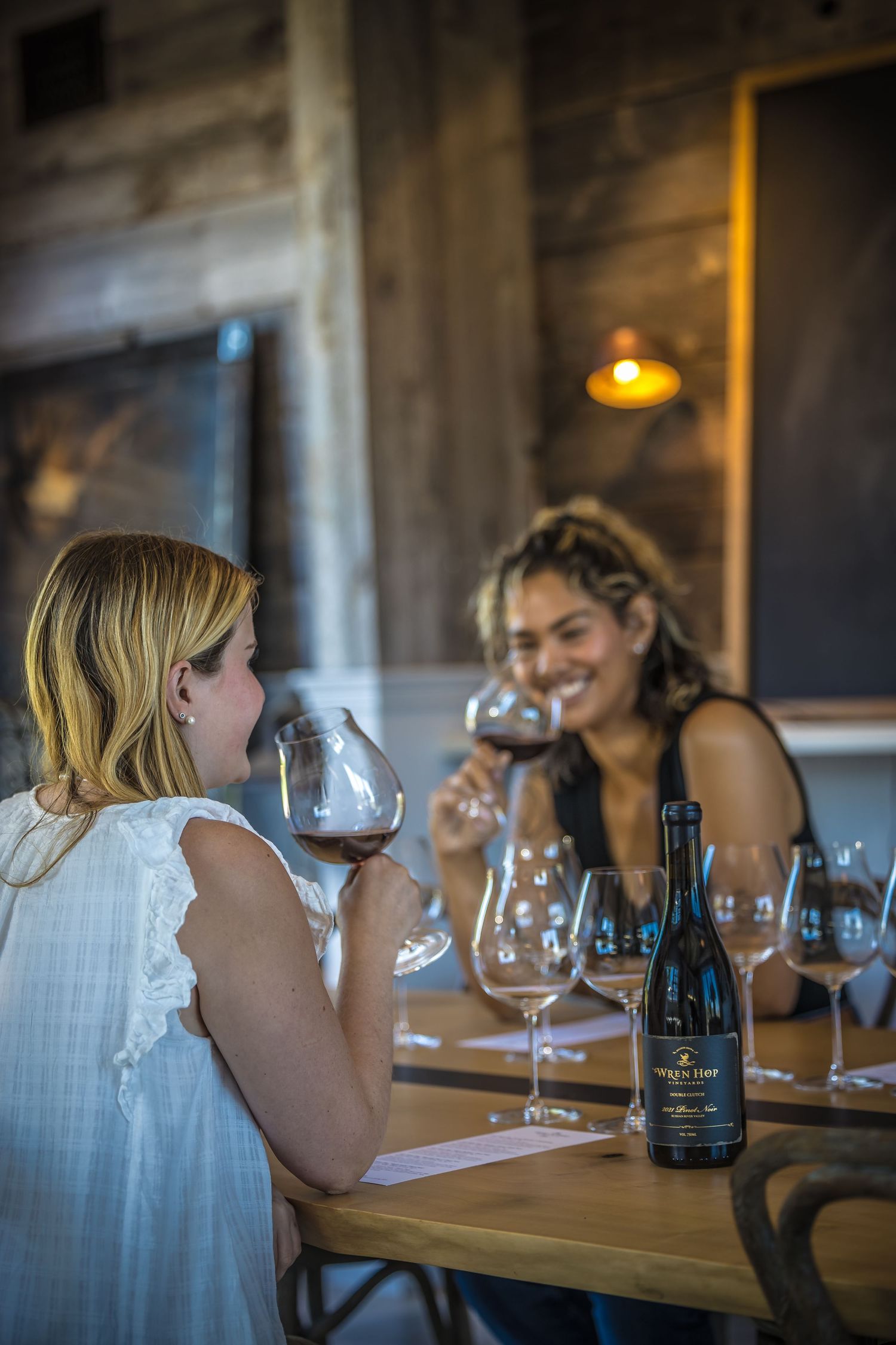 Wine tasting experience featuring glasses and bottles in rustic indoor setting.