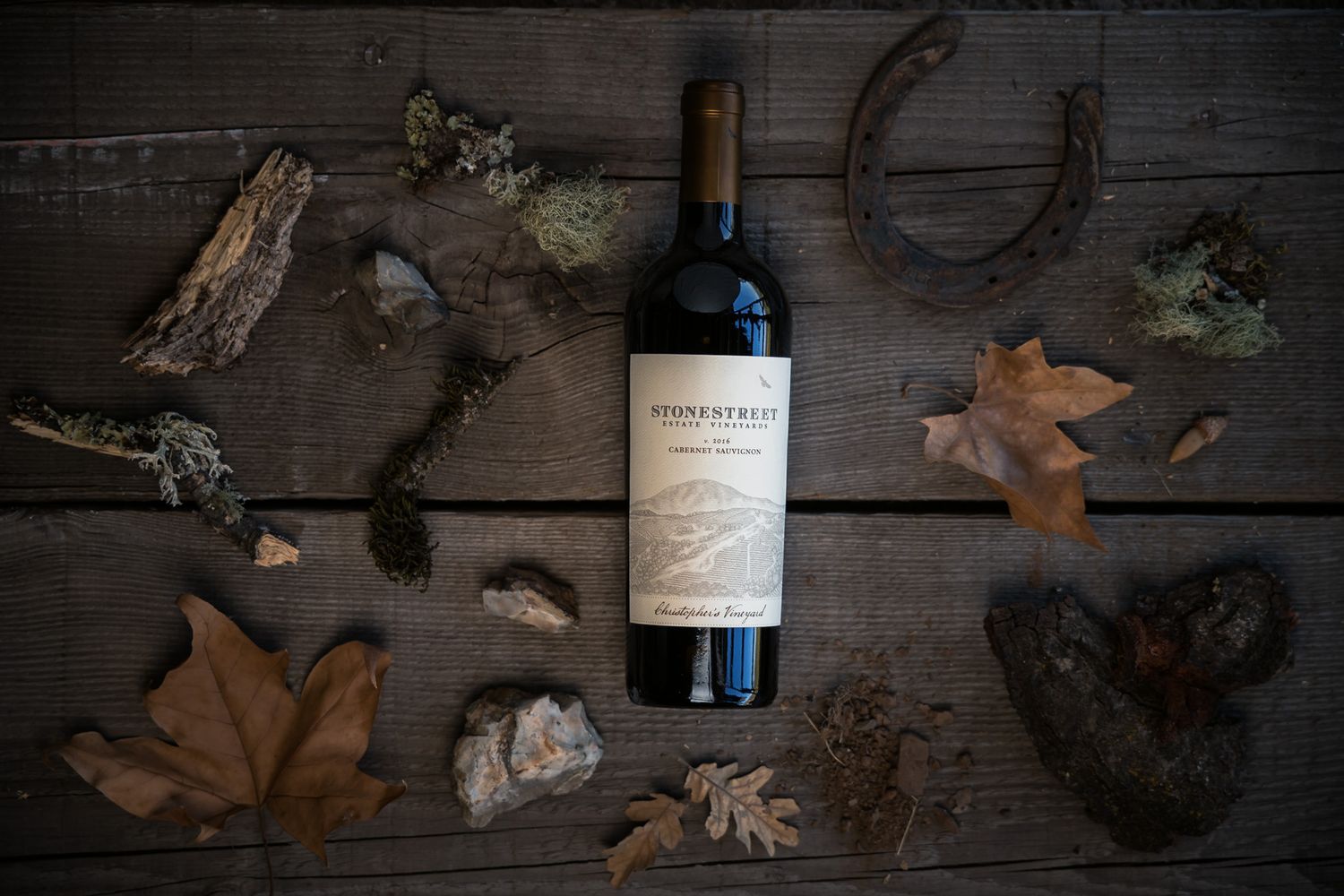 Wine bottle displayed with fallen leaves and horseshoe on dark wooden planks.