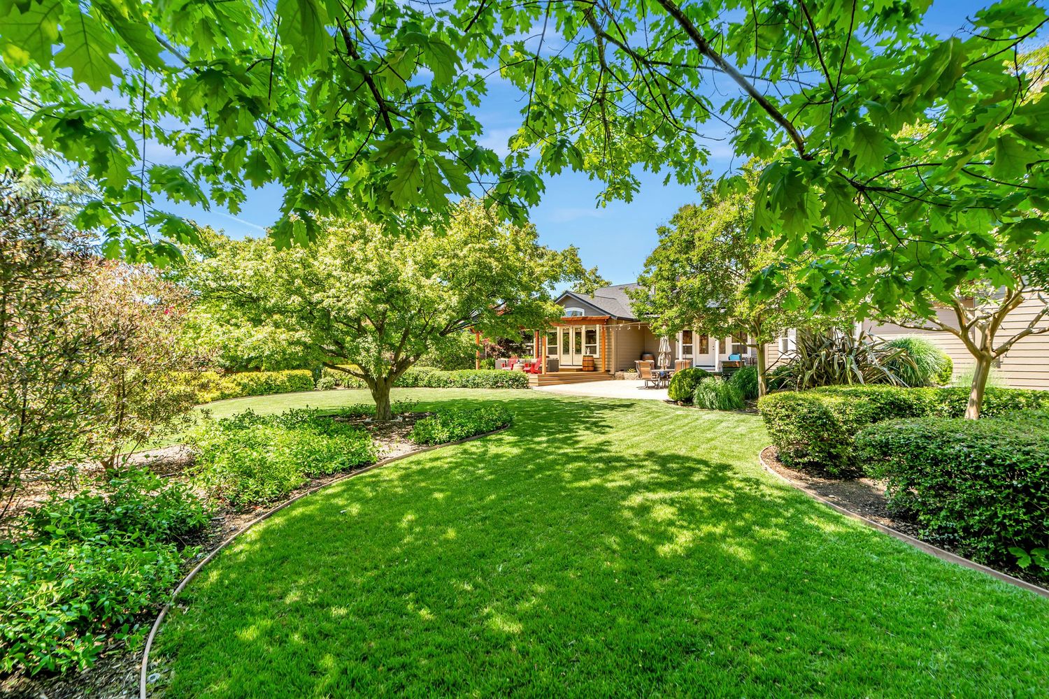 Well-manicured lawn with curved garden beds and mature trees in landscaped backyard.