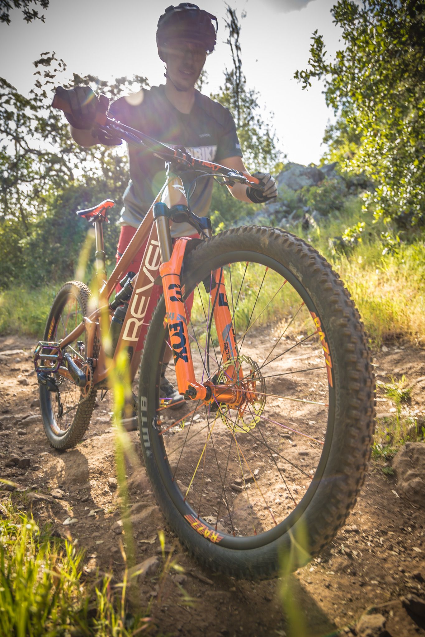 Close-up shots of mountain bike tires on a dusty trail during golden hour.