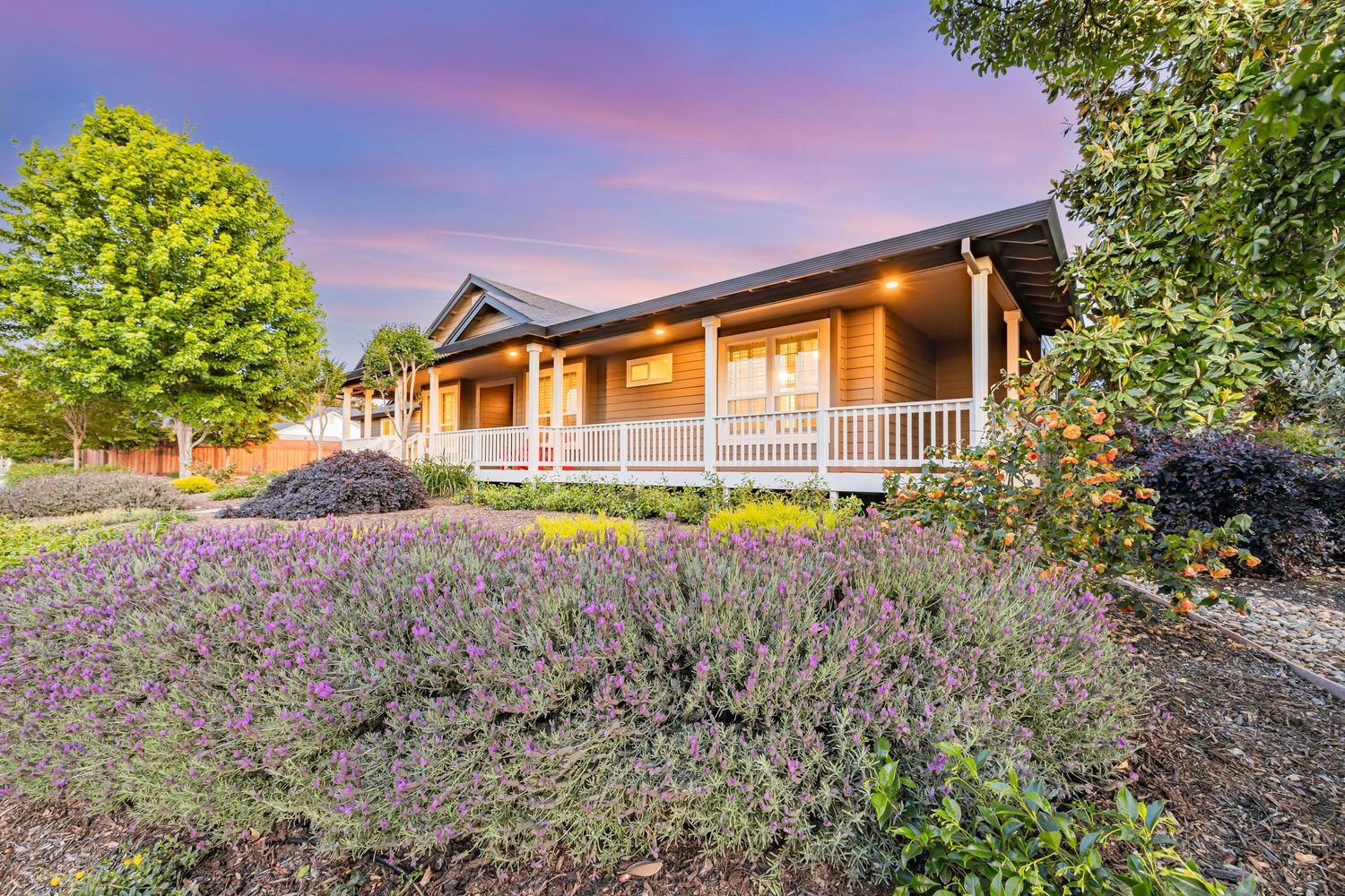 Modern farmhouse exterior showcasing beautiful lavender landscaping and covered front porch at dusk.